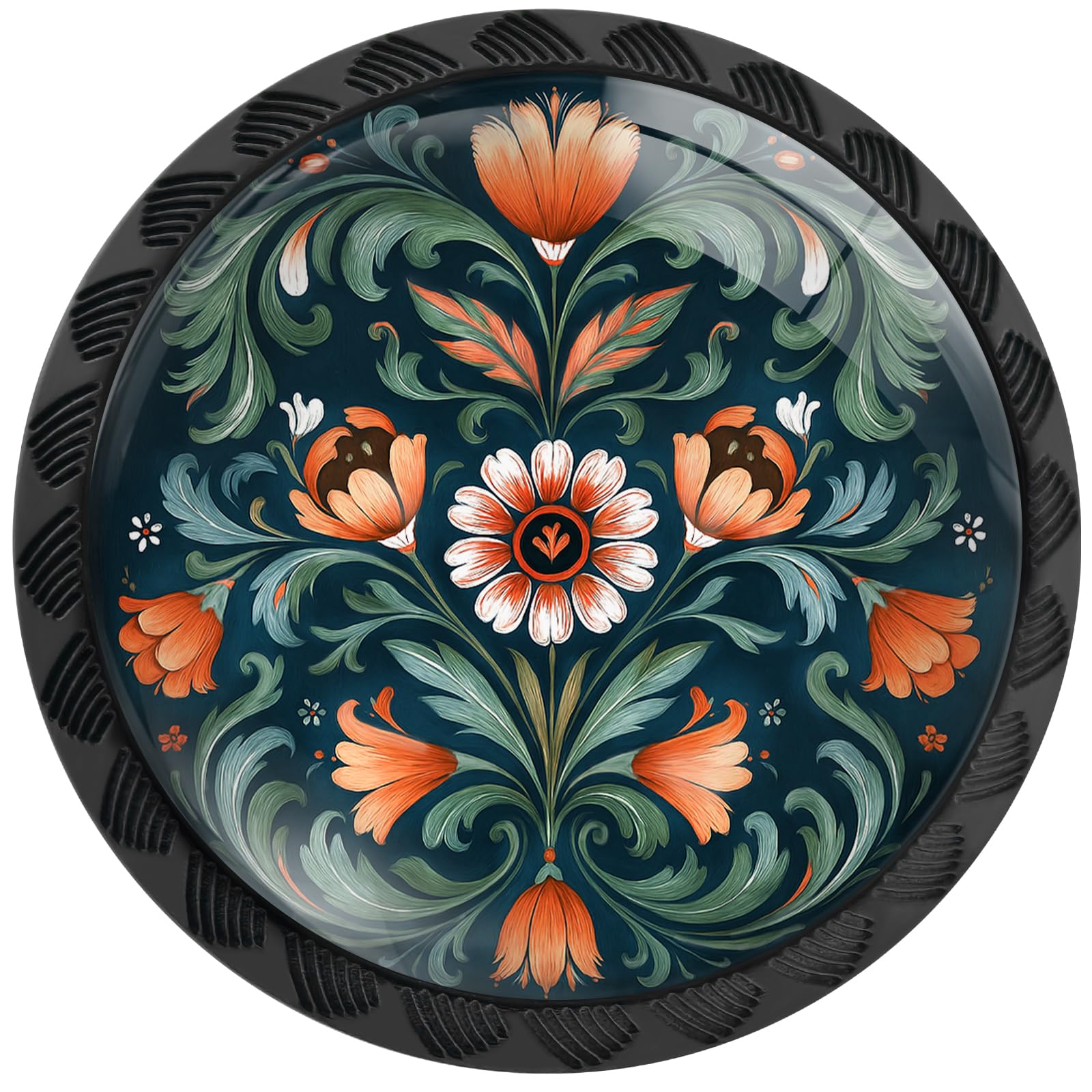 Artinhand 4 Pack Norwegian Rosemaling Folk Style Green Flower Cabinet Knobs Round Drawer Pulls Black Dresser Knob Cupboard Door Handles Hardware for Kitchen Bathroom Cabinets