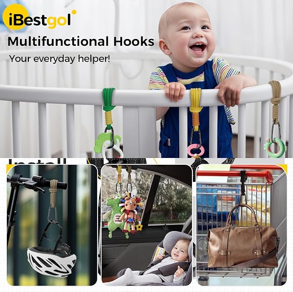iBestgol Baby Stroller Hooks, Universal Clips for Diaper and Mommy Bags, Heavy-Duty Hangers with Straps, Practical Stroller Accessory for Moms, Black-2pc - 5