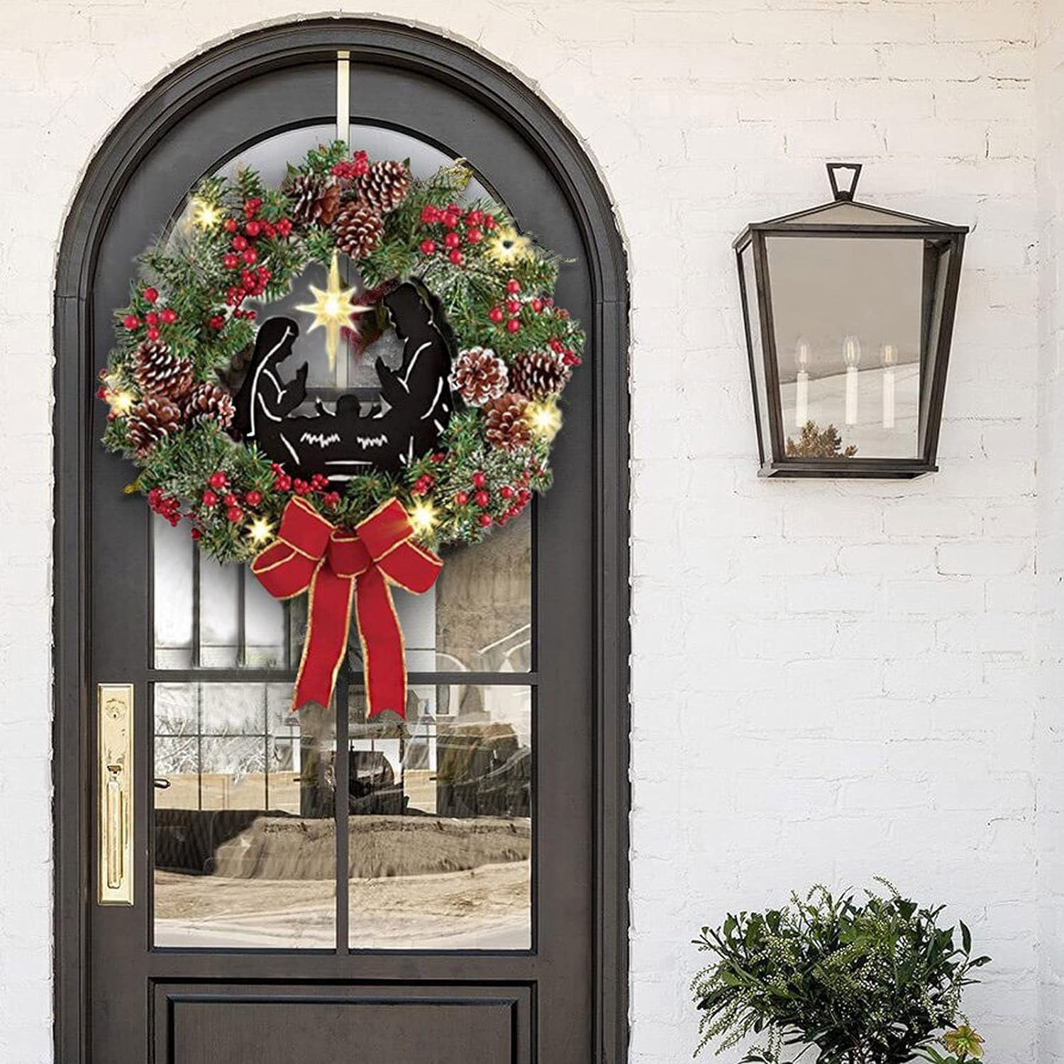 Christmas Wreath,Large Artificial Christmas Wreaths for Front Door,Xmas Wreaths with Bow Ribbon, Christmas Decor Winter Garlands Wreath for Outdoor Indoor Window Porch (K)