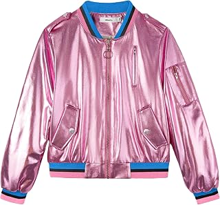 Girls Metallic Bomber Jacket, Sparkly Lightweight Zip Up Coat with Pocke...