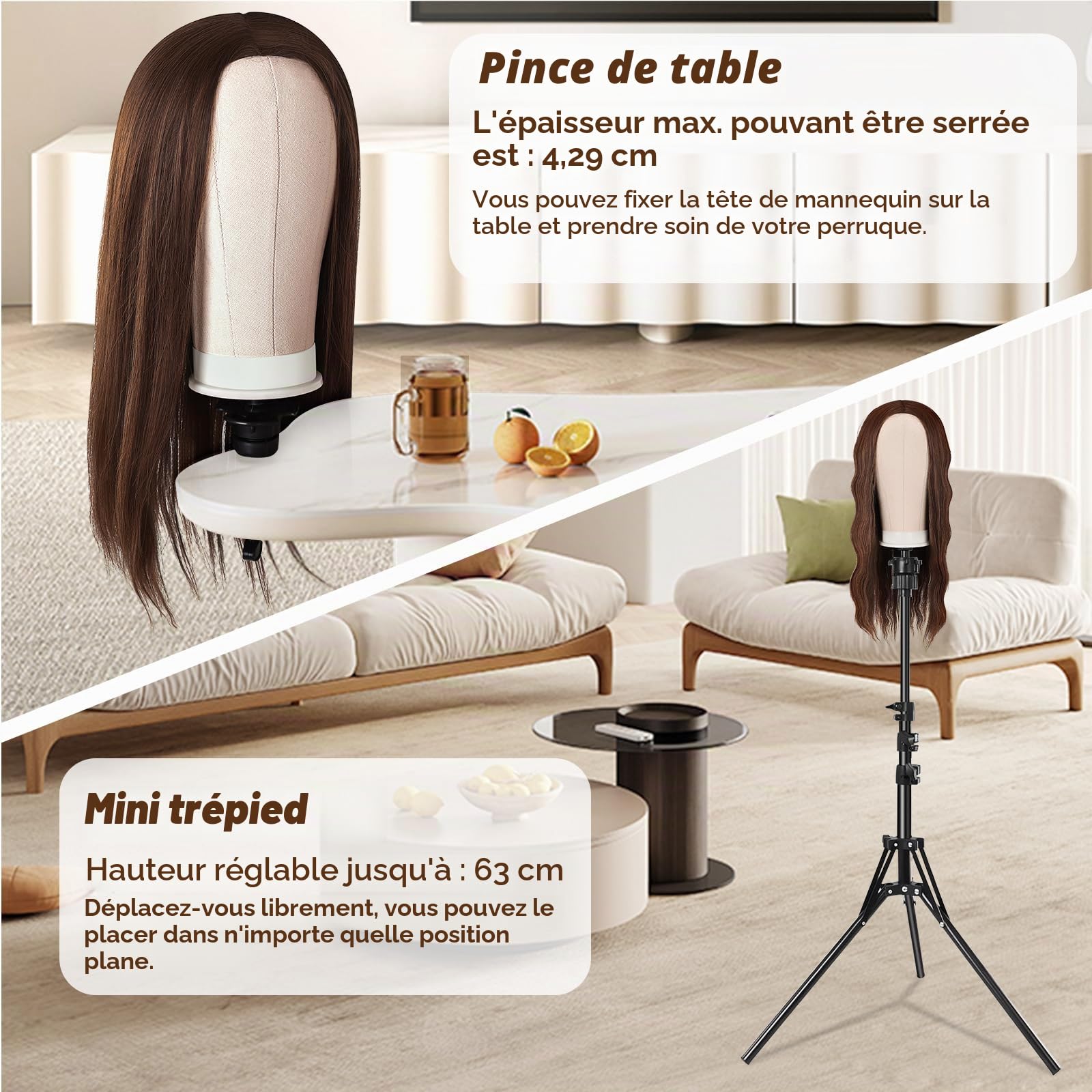 Support à Perruque 63" Réglable avec Tête de Mannequin 22" - Support en Toile pour Perruques - Ensemble pour Cosmétologie