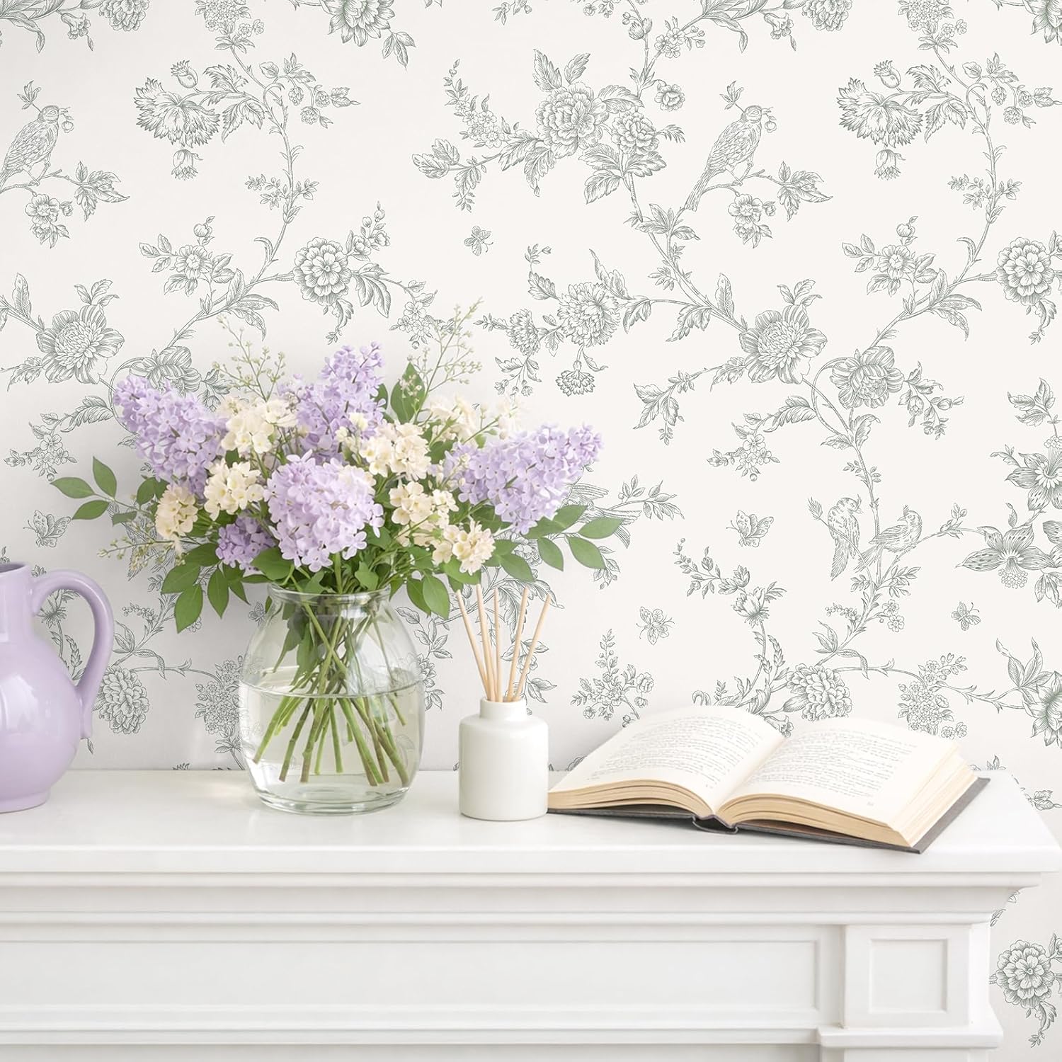 VEELIKE Vintage Sage Green Cottage Floral Wallpaper Peel and Stick Chinoiserie Toile Wallpaper with Birds 17.7''x354'' Self Adhesive Contact Paper Removable Wall Paper for Bedroom Nursery Bathroom