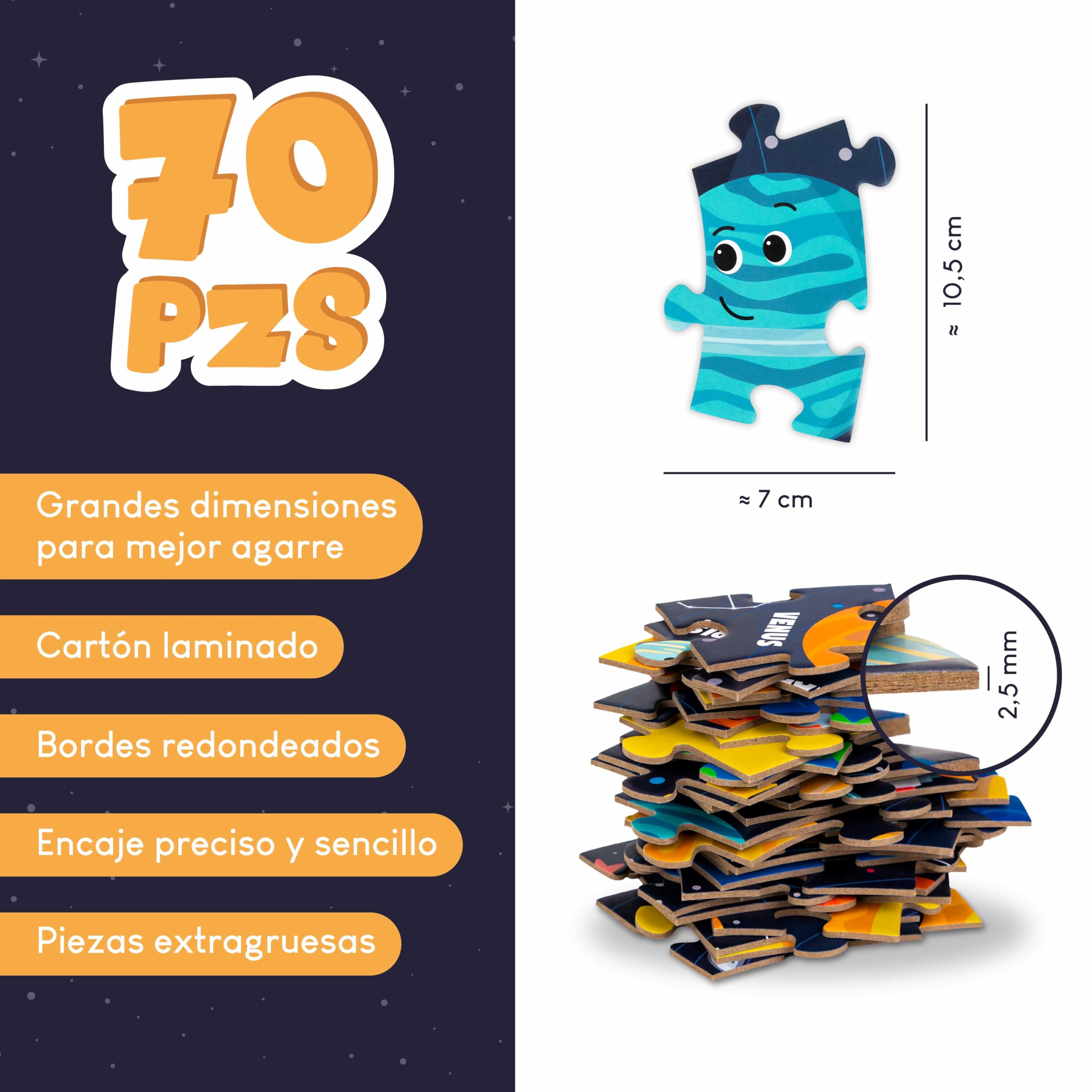 BONNYCO Puzzle XXL Sistema Solar para Niños con 70 Piezas Grandes. Rompecabezas Redondo Planetas 58 x 58 cm, 15 Tarjetas, 4 Figuras y Guía. Juegos Educativos, Regalos, Juguetes Niños 4 Años