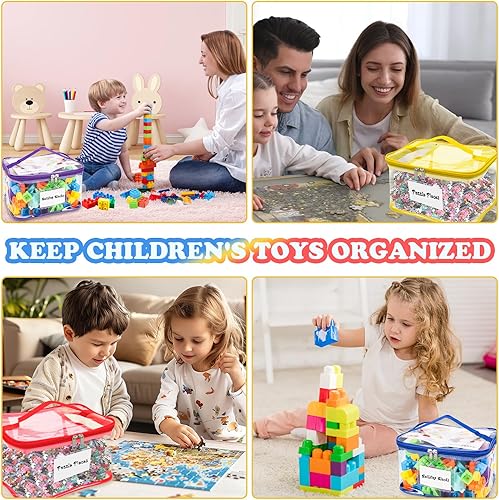 Miniatura 6 de AOBOPLE Paquete de 6 bolsas transparentes de almacenamiento de juguetes con etiqueta de nombre y bolsillo manual, bolsas organizadoras de juguetes