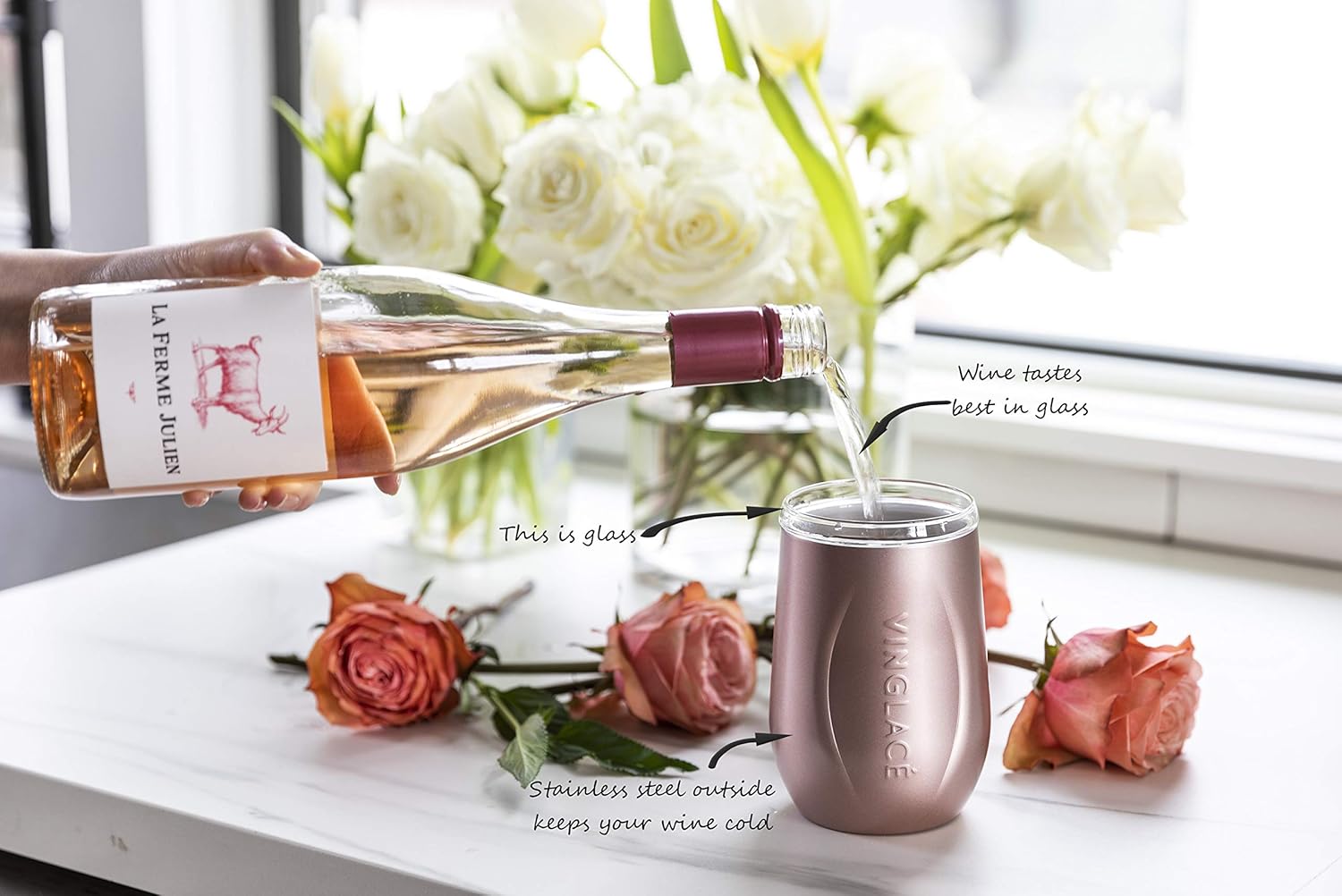 Vinglacé Wine Bottle Chiller Gift Set- Portable Stainless Steel Wine Cooler with 2 Stemless Wine Glasses, Rose Gold - Image 7