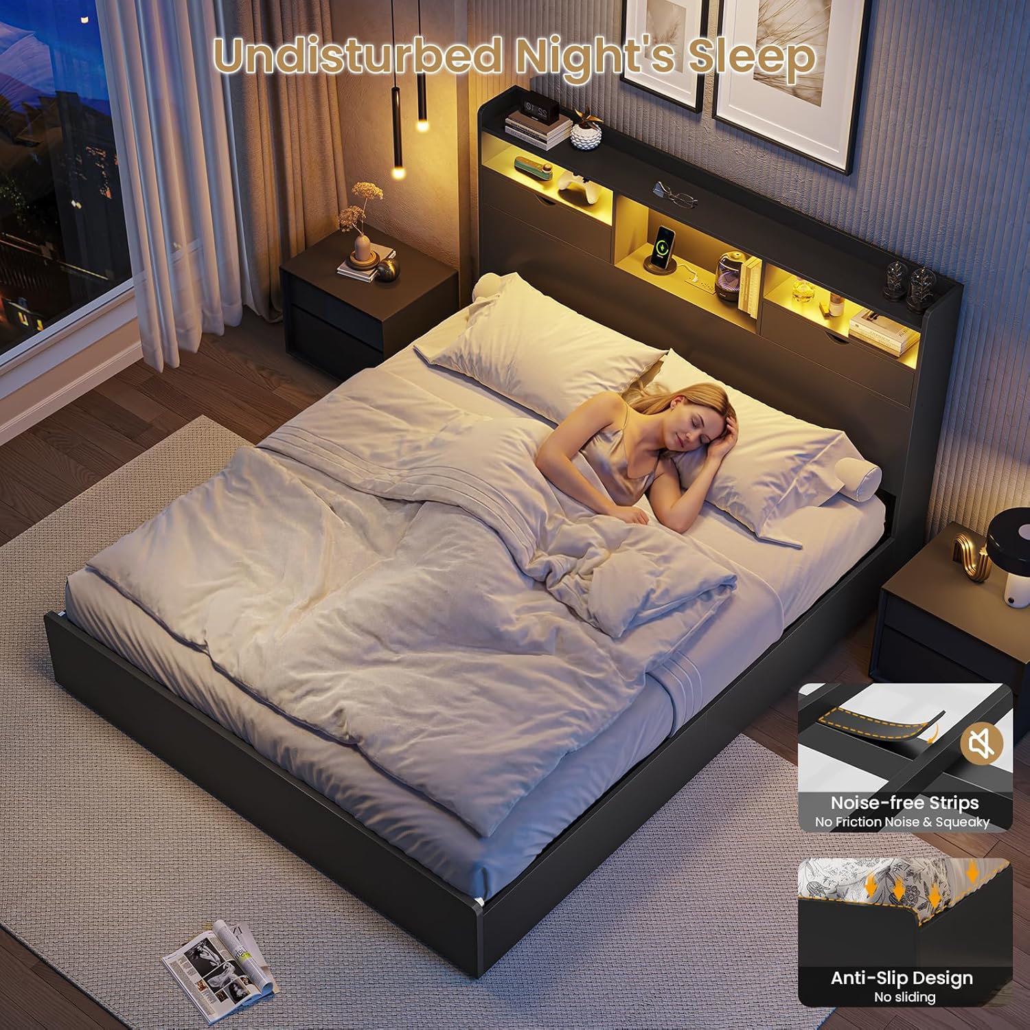 DICTAC Queen Bed Frame with Bookcase Headboard and 4 Storage Drawers, Black Platform Bed Queen Size with LED Lights and Charging Station, Heavy-Duty Metal Slats, No Box Spring Needed, Quiet & Sturdy
