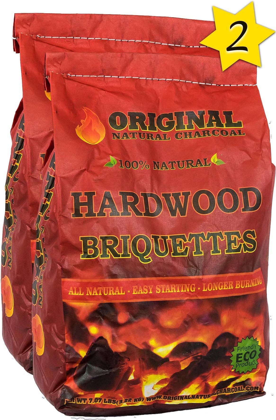 Hardwood Briquettes by Original Natural Charcoal - 2 X 100% Premium All-Natural Pillow Shaped Charcoals - Lights Easy, Burns Quickly, Adds Extra Flavor to Meats (7.07 lb.)