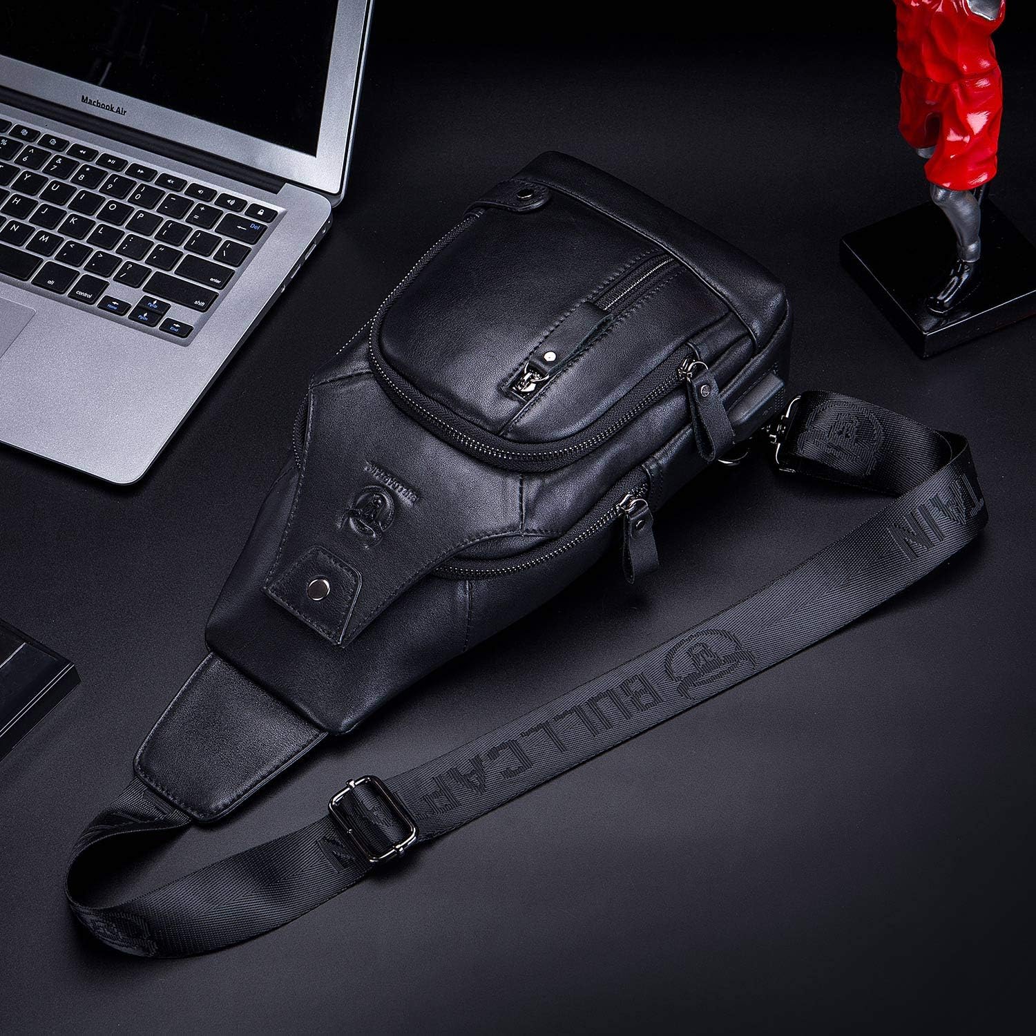 BULLCAPTAIN Leather Sling Bag Mens Chest Bag Casual Shoulder Crossbody Bags Travel Hiking Backpacks Daypack with USB Charging Port (Black) - Image 6