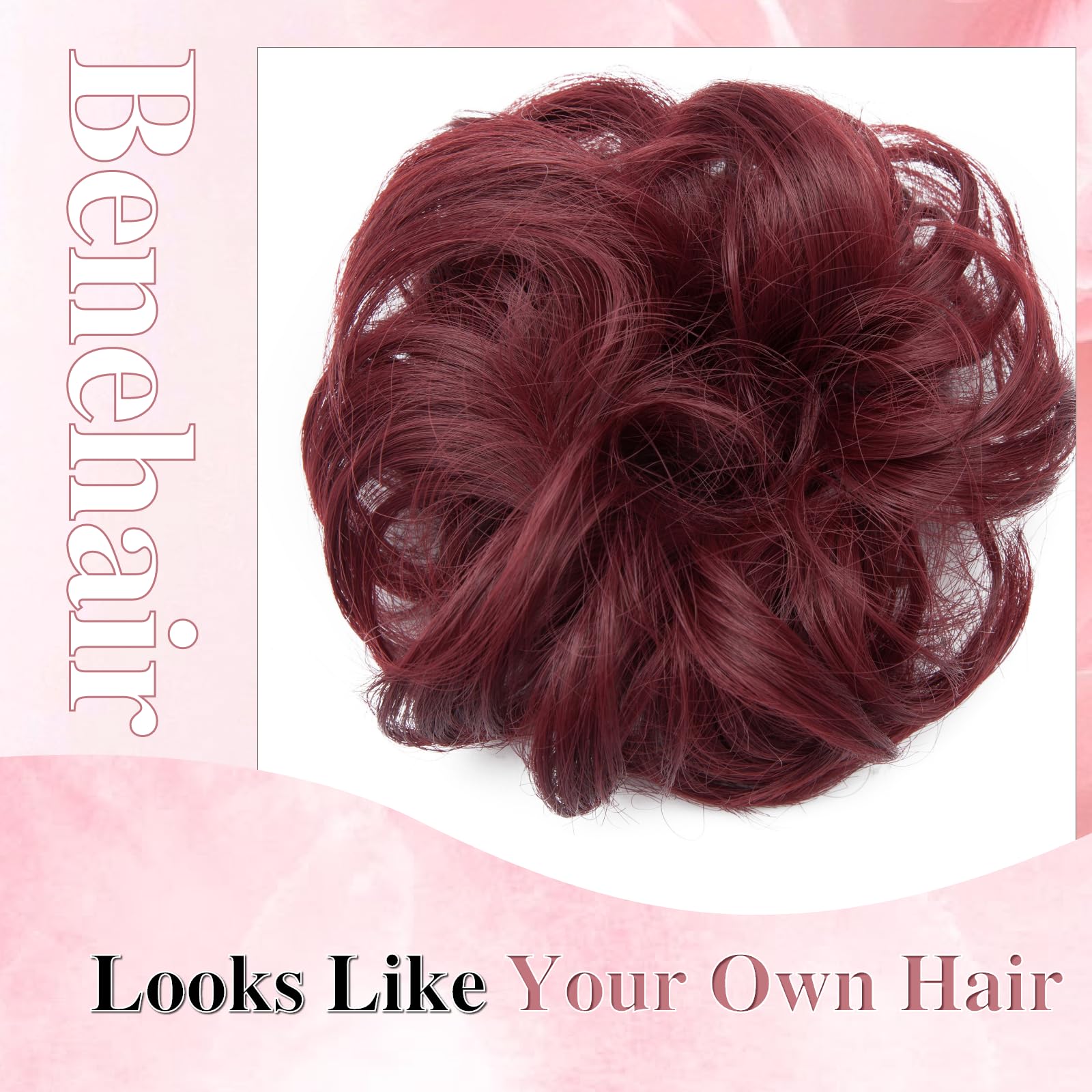 Benehair Messy Bun Hair Piece Curly Wavy Hair Scrunchies Messy Bun Scrunchie Synthetic Donut Updo Hair Pieces for Women Girls (Wine Red - Image 3