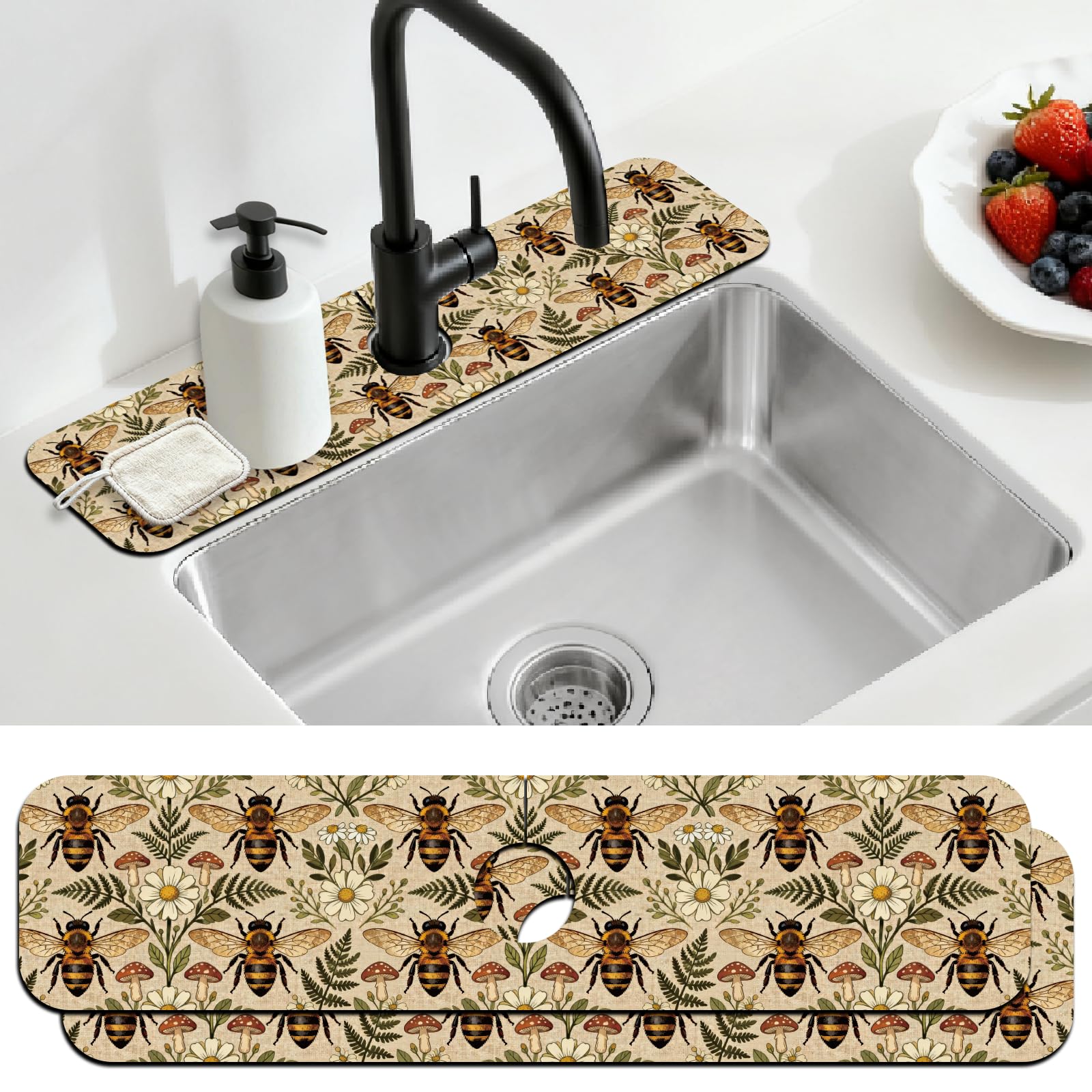 CONCHLERY 2Pcs Vintage Insects Kitchen Sink Splash Guard Faucet Mat Flowers Bees Mushrooms Faucet Mat for Bathroom Kitchen 5.5x23.6In