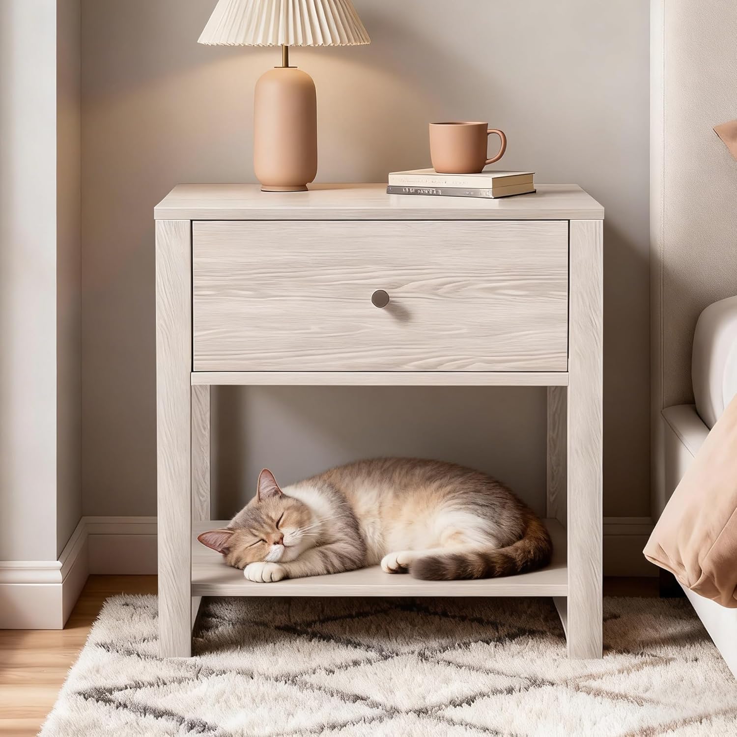 White Nightstand Set of 2, Modern Nightstand Bedside Table with Drawer and Large Storage Shelf, End Tables Side Tables for Bedroom, Mesa de Noche for Small Spaces