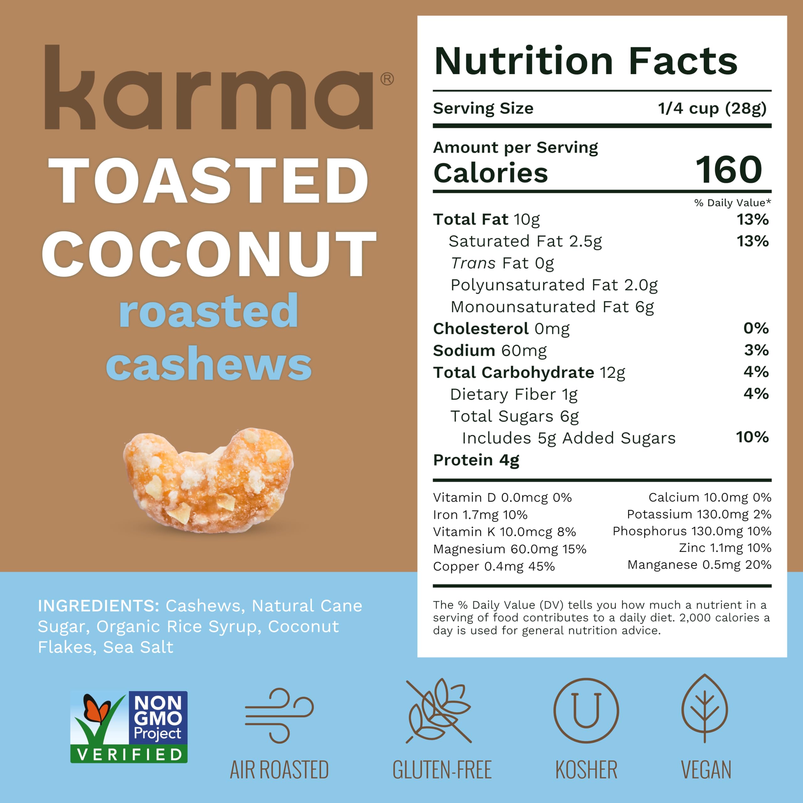Toasted Coconut Air Roasted Whole Cashews by Karma Nuts, Lightly Sweetened, Peanut-Free Facility, Kosher, Everyday Nut Snack, 7oz Resealable Bag thumbnail 6
