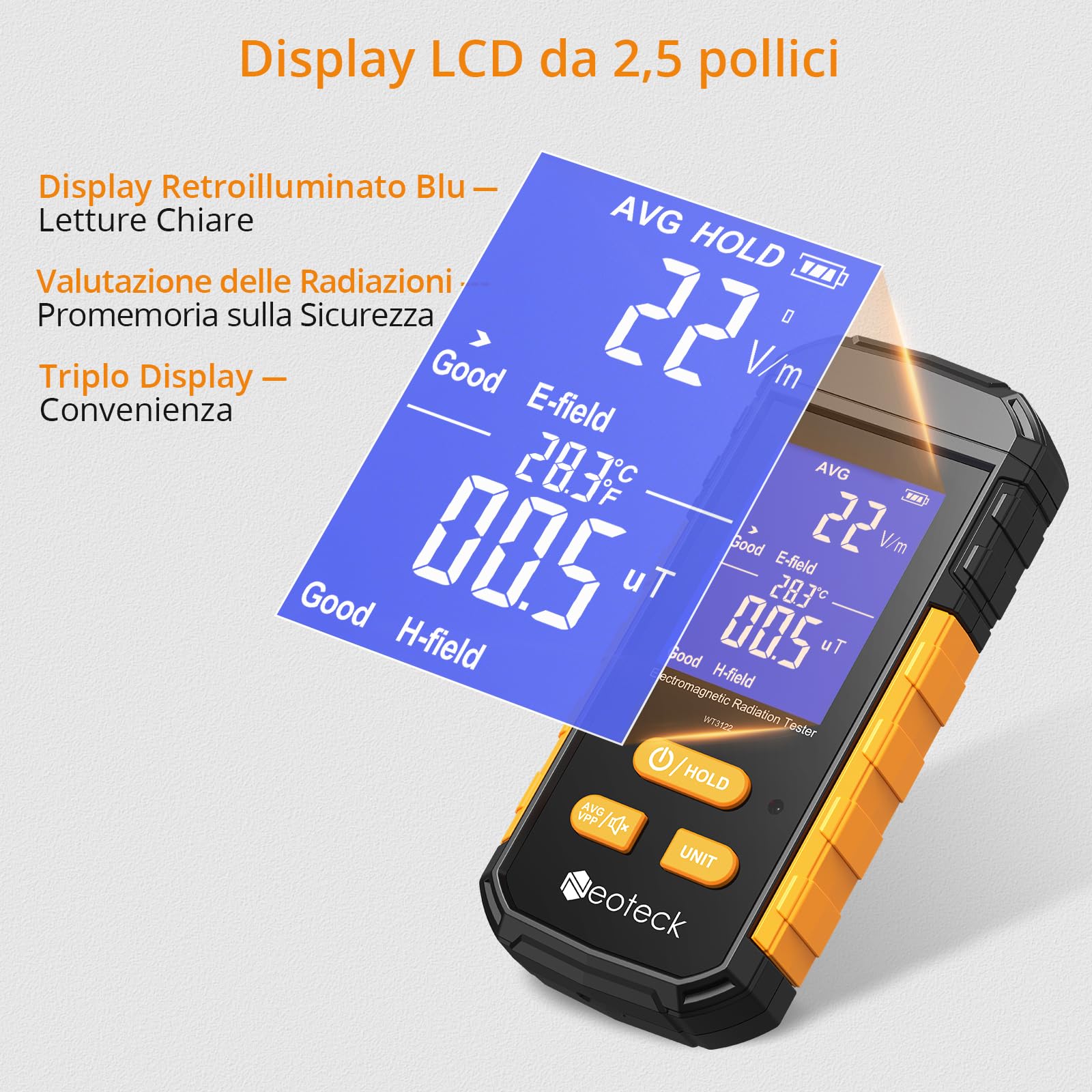 Neoteck Misuratore EMF 3-in-1 Rilevatore di Radiazioni Elettromagnetiche Ricaricabile con Schermo LCD Contatore di Radiazioni Allarme Acustico Campo Elettrico per Cucina Ufficio Fabbrica