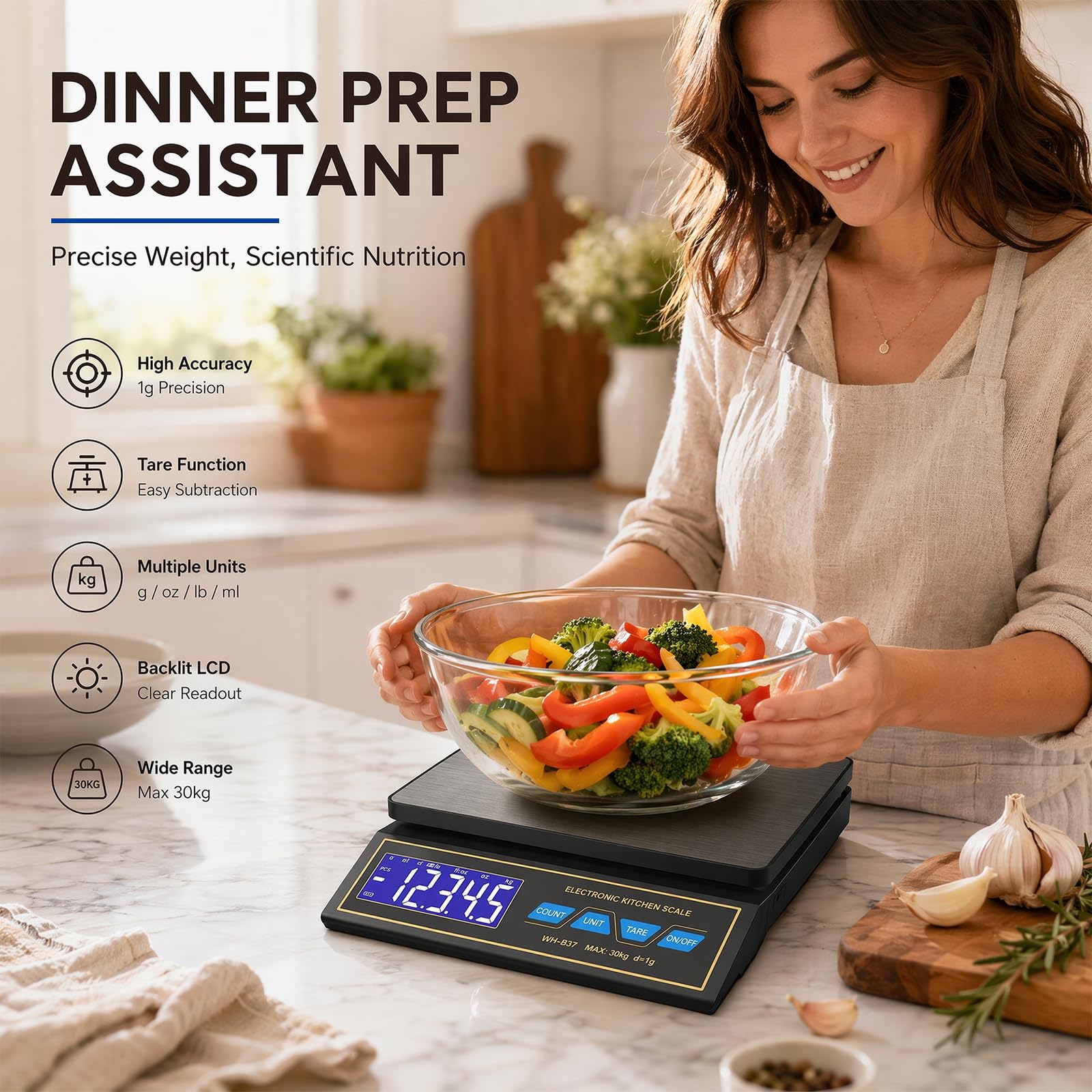Balance de cuisine numérique 30 kg/0,1 g, précision en acier inoxydable avec comptage PCS et tare, 9 unités de mesure, arrêt automatique, USB-C rechargeable pour balance à café, viande, pâtisserie