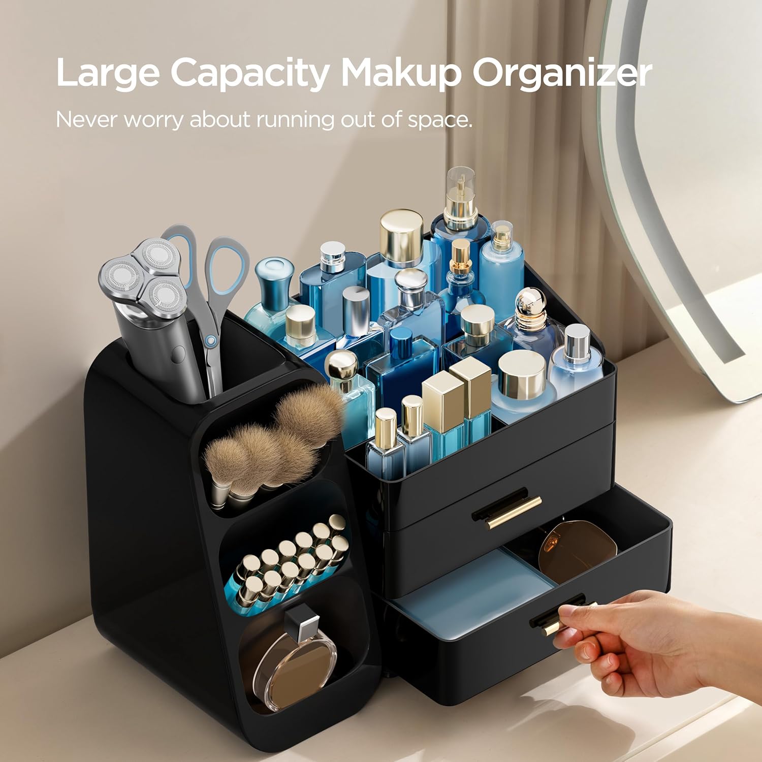 HBlife Cologne Organizer for Men Makeup Organizer with Brush Holder for Vanity, Large Plastic Bathroom Countertop Organizer Skin Care Storage, Fathers Day Gift for Dad Husband, All Black