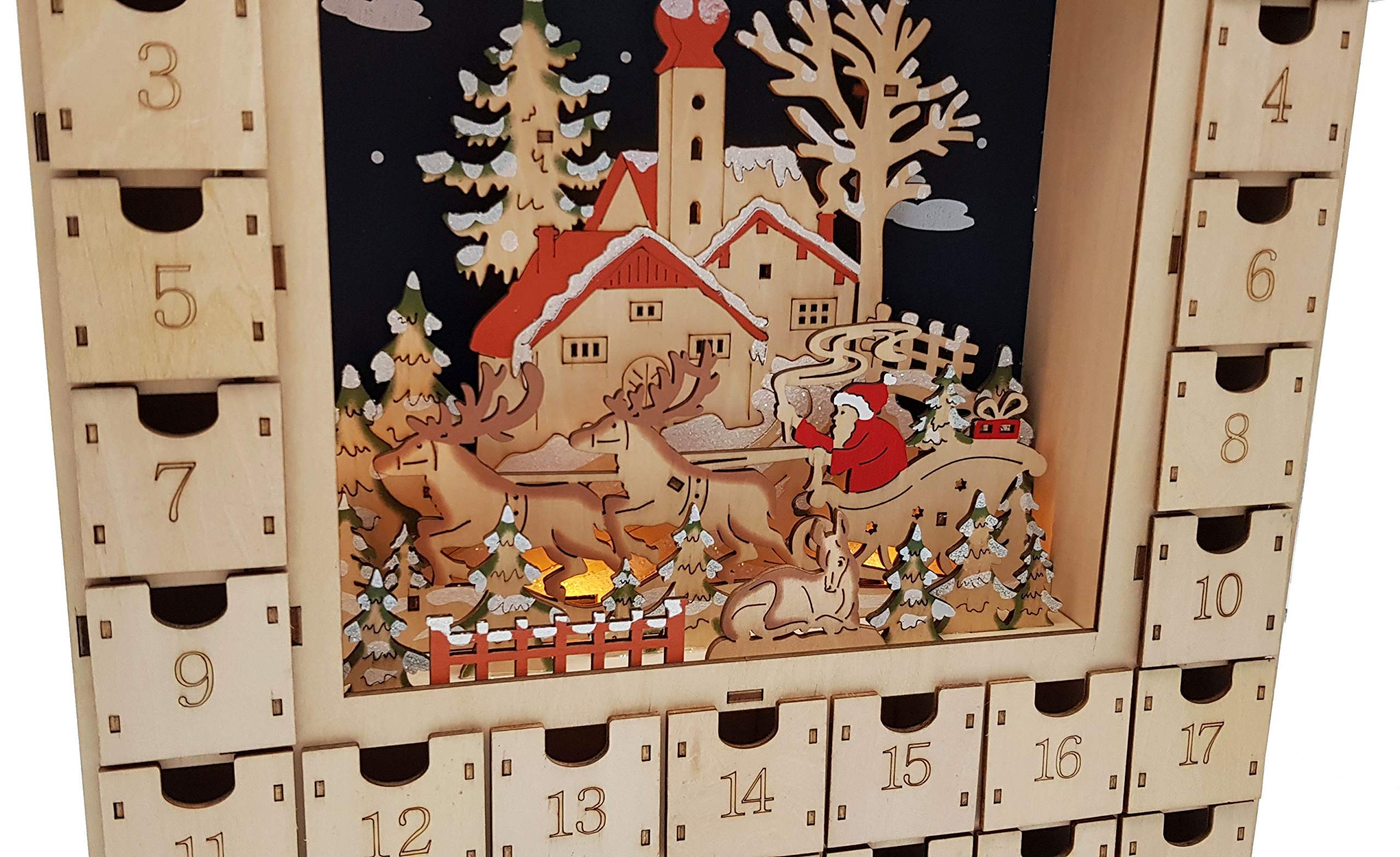 Wichtelstube-Kollektion Adventskalender 2025 zum Befüllen, Adventskalender Holz mit Großen Schubladen, Handgefertigt aus Echtholz, LED Beleuchtung, Timer-Funktion, Batteriebetrieben, 3D Effekt