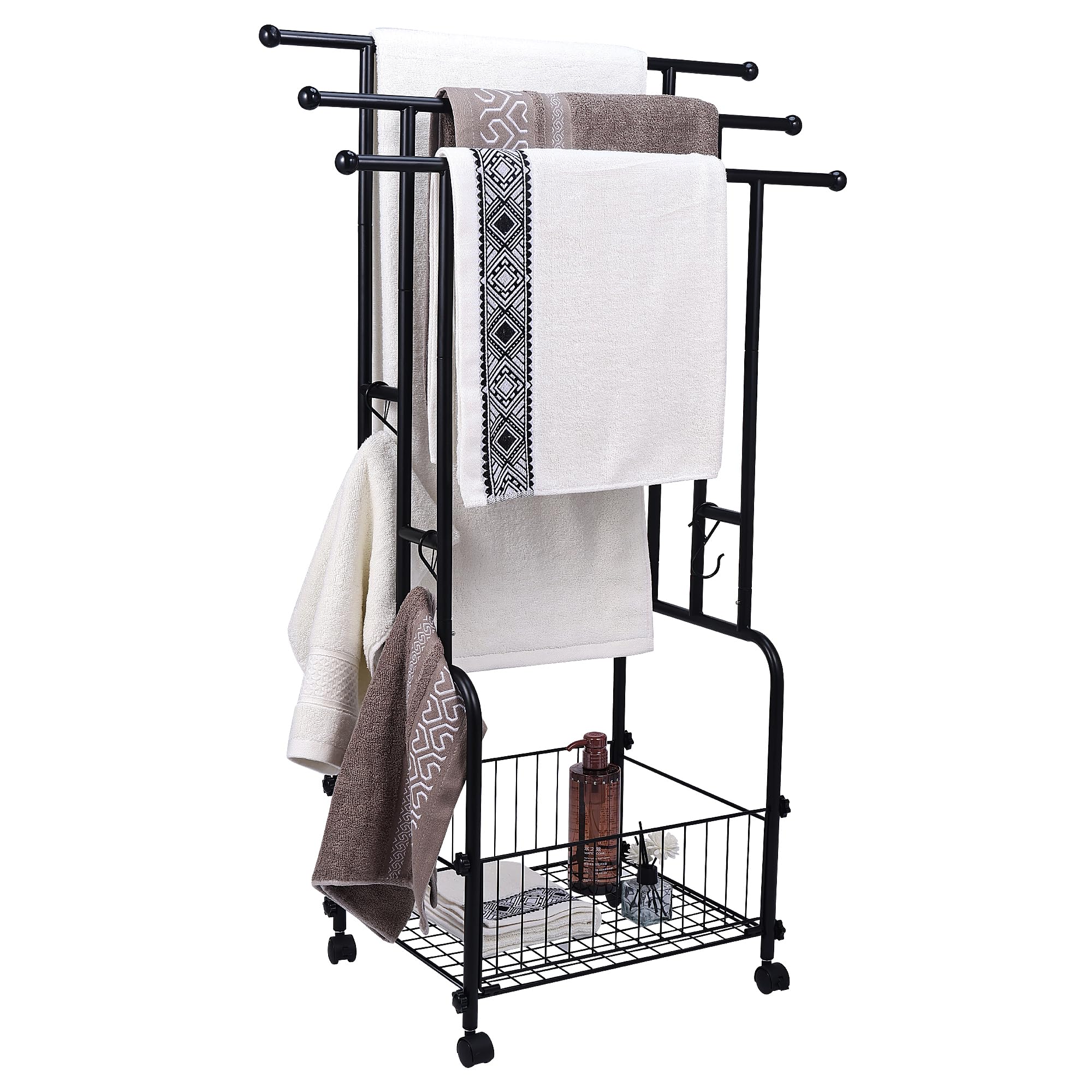 Standing Towel Racks, 42" Tall Bathroom Towel Rack, 3 Tier Towel Holder with Storage Basket & 4 Hooks, Pool Towel Blanket Stand, Indoor Outdoor Freestanding Towel Racks with Anti-Skid Wheels