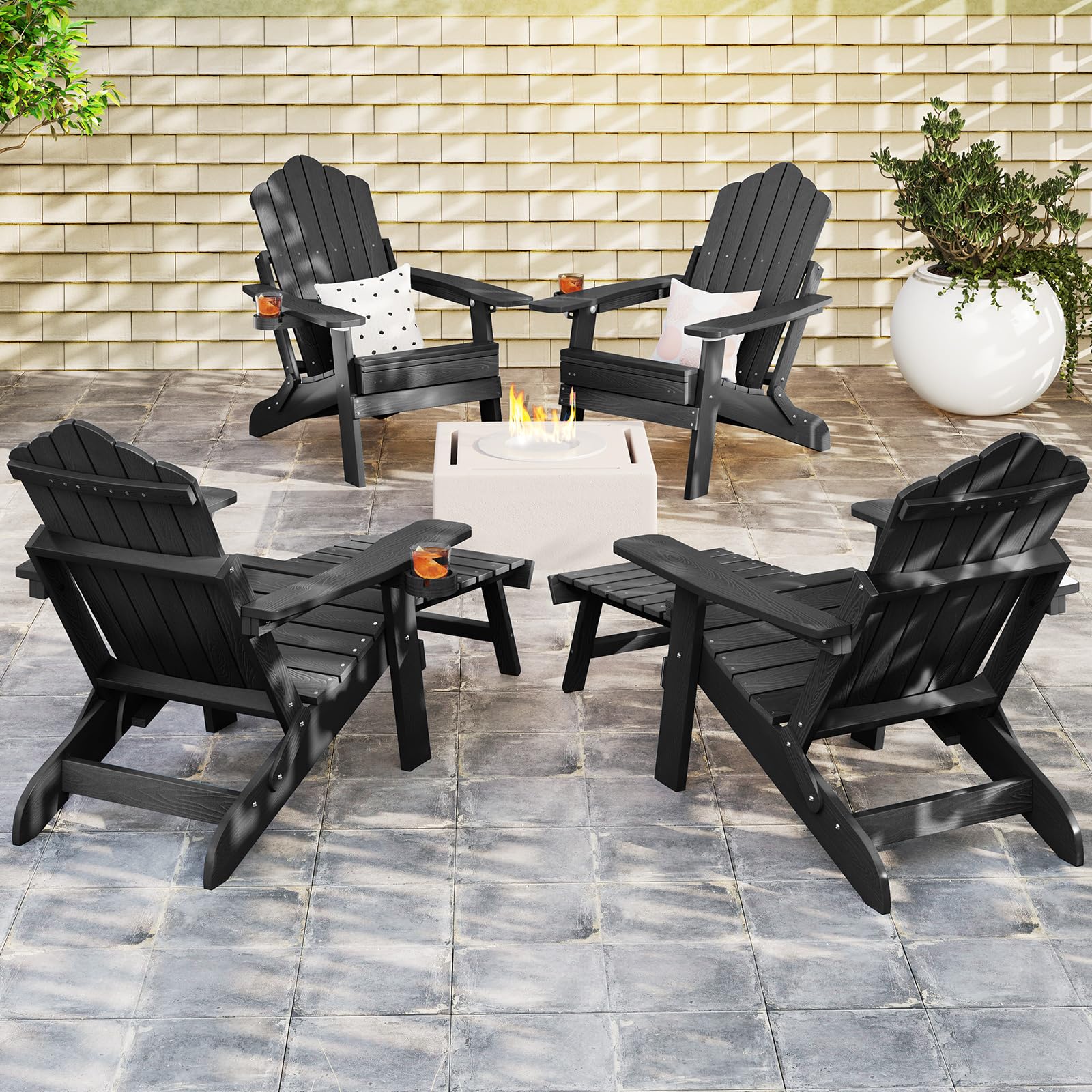 GOPLUS Silla Adirondack Ajustable, Tumbona Plegable de 4 Posiciones con Escabel Retráctil, Silla de Hips para Todo Clima con Portavasos, Tumbona Jardín Exterior de Listones para Terraza Piscina Patio