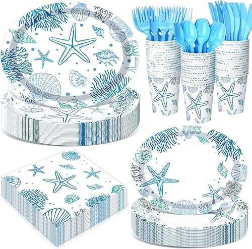350 Pcs Oval Paper Plates Blue Ocean Seashell Disposable,
