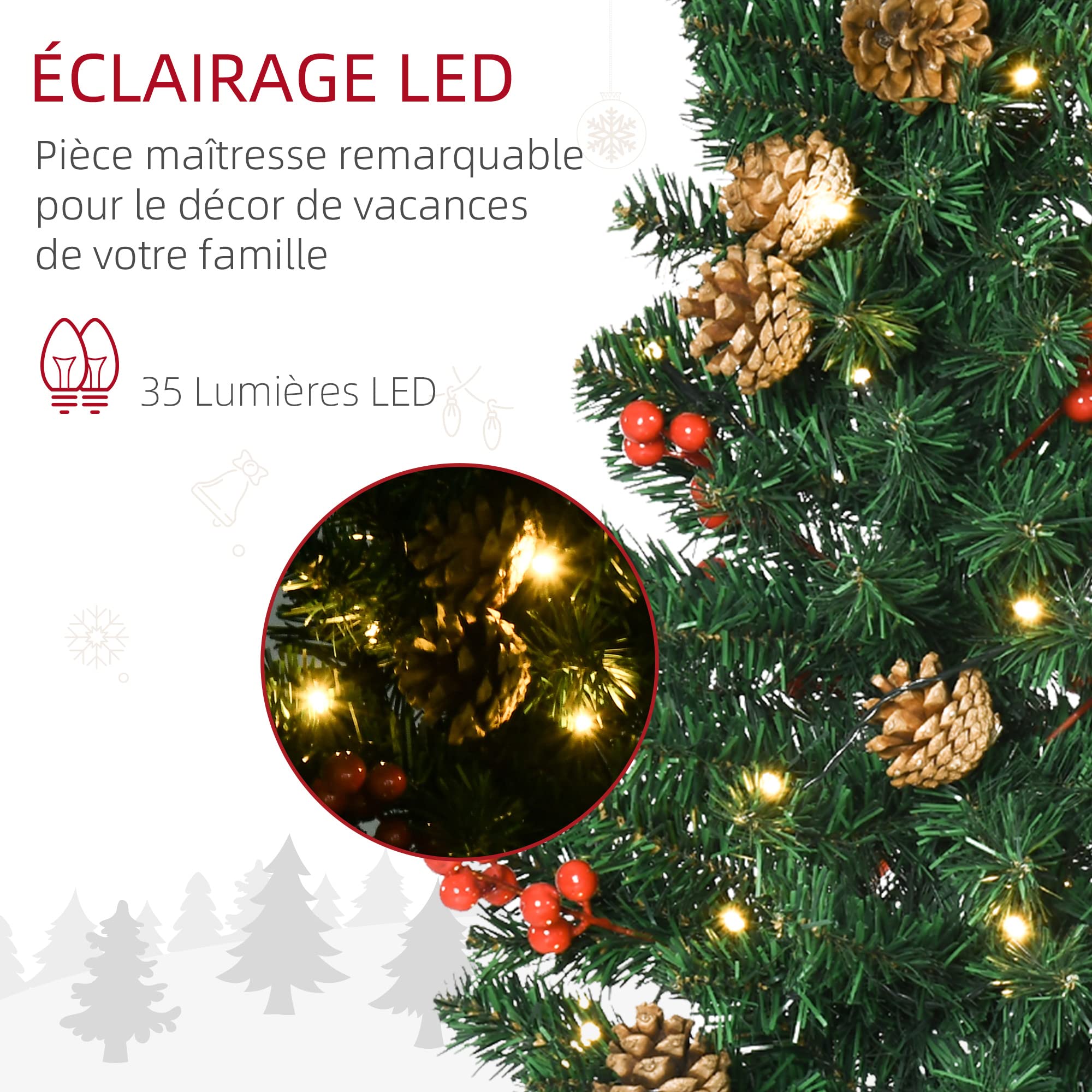 HOMCOM Lot de 4 Pièces Décoration de Noël Lumineuse, 1 Couronne, Vert