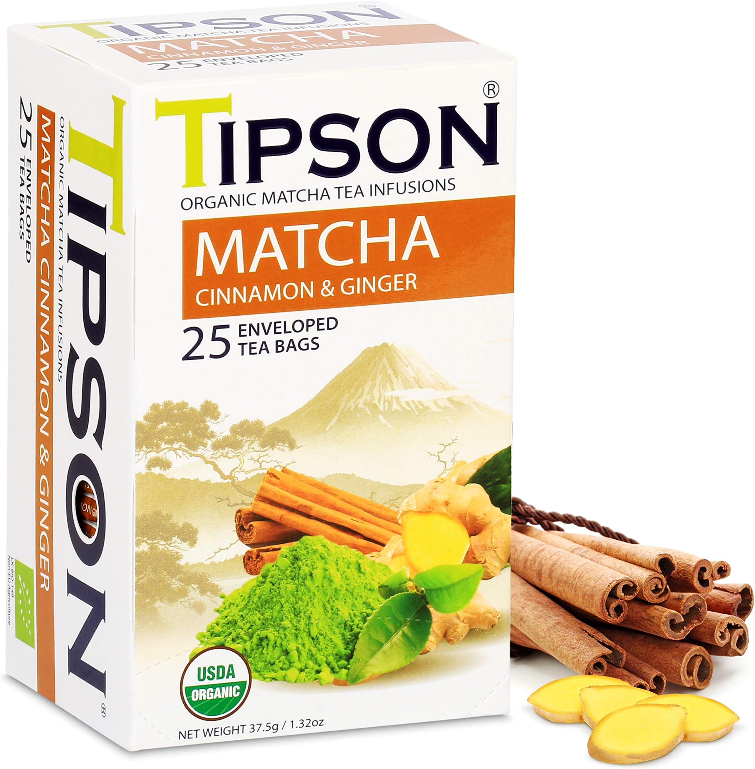 Tipson Organic Matcha Tea Infusions - Matcha Cinnamon & Ginger Flavor - Non GMO and Gluten Free - 25 Premium Tea Bags (Pack of 1)