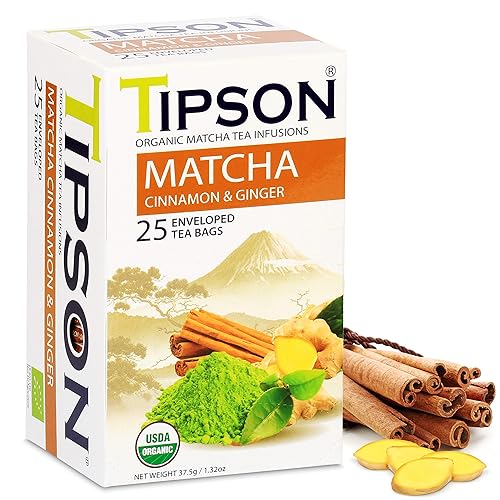 Tipson Té verde matcha orgánico, canela orgánica y jengibre orgánico, 25 bolsas de papel de aluminio con doble cámara, beneficios antioxidantes,