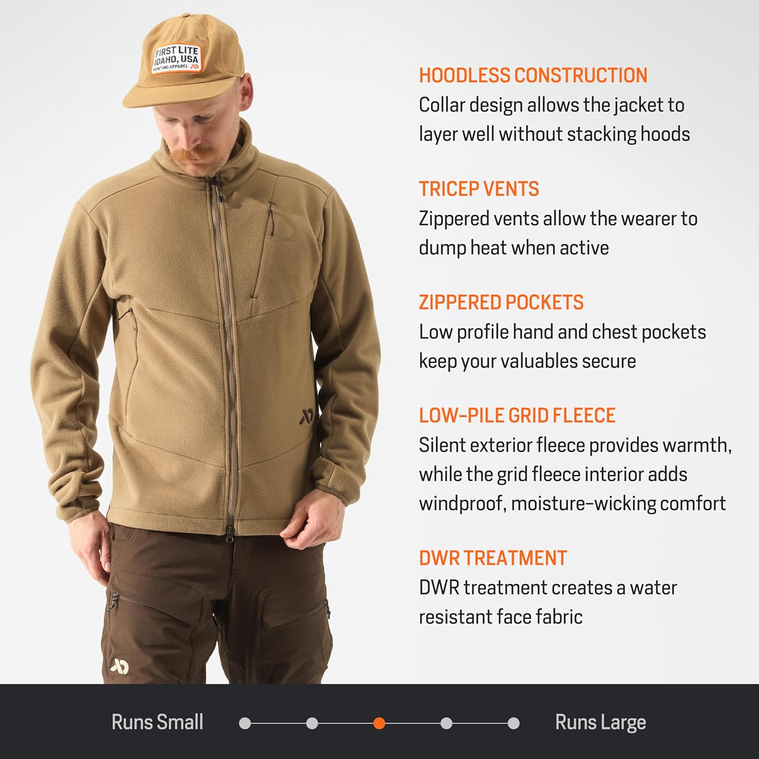 First Lite Men's Challis Fleece - Windproof Soft Shell Camo Hunting Jacket, Hoodless Thermal Layer Hunting Gear For Men