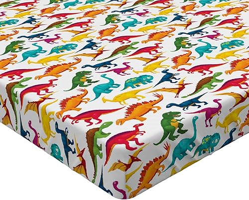 Miniatura 2 de Lunarable Sábana bajera ajustable para fiesta de dinosaurios, Tyrannosaurus Triceratop Animales Jurásicos de Tonos Vibrantes, Tortuga Mundial