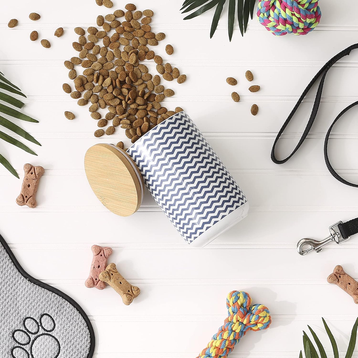 Bone Dry Chevron Ceramic Pet Treat Canister with Bamboo Lid, Dishwasher Safe Countertop Storage, Keep Dog & Cat Treats Safe & Dry, 4x6.5", French Blue