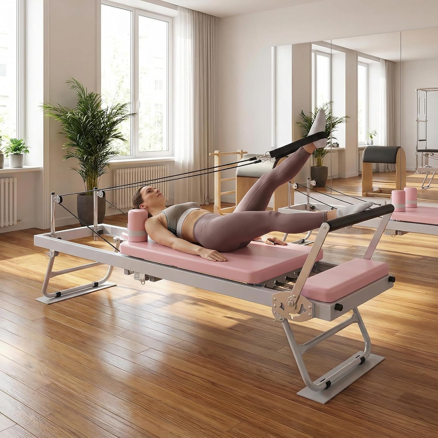 Pilates Reformer, Foldable Pilates Machine with 5 Resistance Cords | 4-Position Footbar | 3 Heights for Home Workout, Gym Exercise, 120kg Capacity