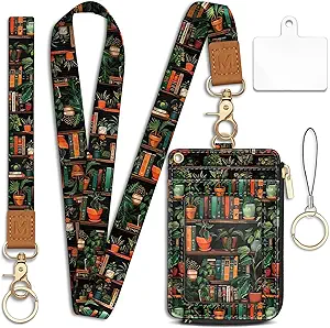 Lanyard Wallet with Id Badge Holder, Bookshelf RFID Small Keychain Wallet Women Wristlet, Cute Zipper Credit Card Holder Phone Wrist Neck Strap for Key Name Tag, Teacher Student Office Gifts