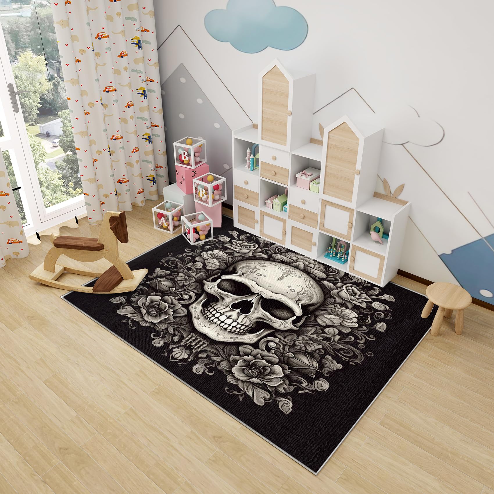 Gothic Skull Kitchen Rugs Set Of 2 - Washable Non-Slip Faux