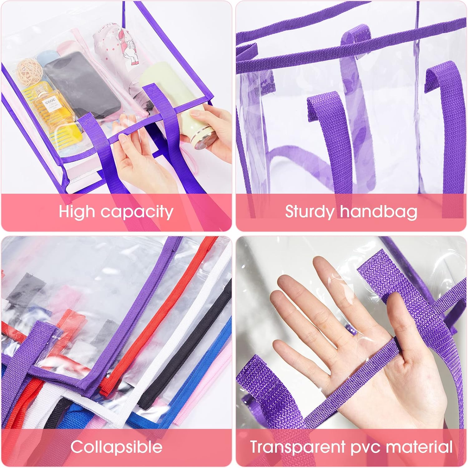 6 Pcs Clear Stadium Approved Bags Clear Tote Bag with 6 Pcs Zipper Clear Purse, Plastic Clear Bag PVC Shopping Bag Clear Beach Bags Sports Fan Tote Bags with Handles for Gym Work School Sports Games : Sports & Outdoors