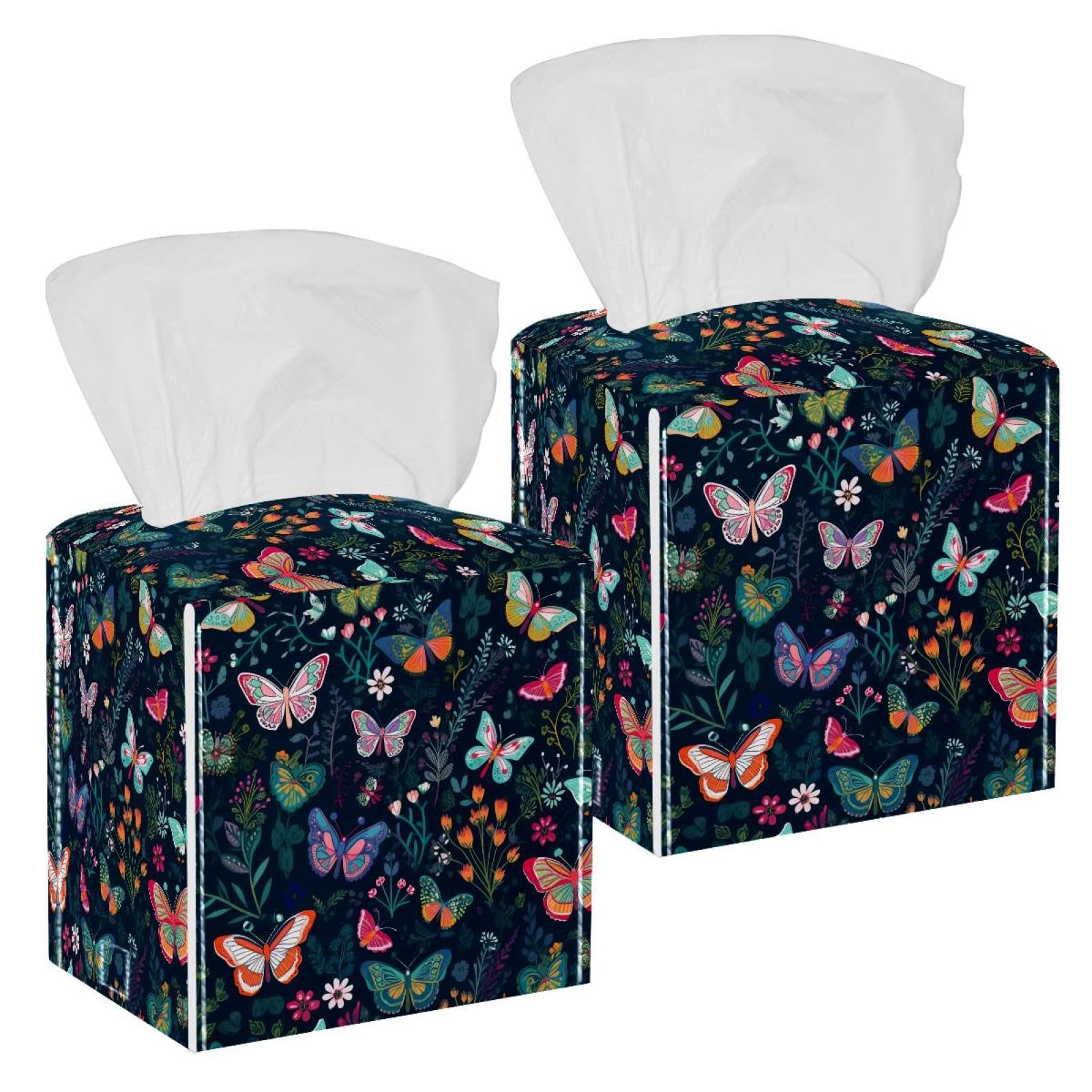 Butterflies Tissue Box Cover, 2 Pack PU Leather Square Facial Tissue Dispenser Box holder for Home Office Car