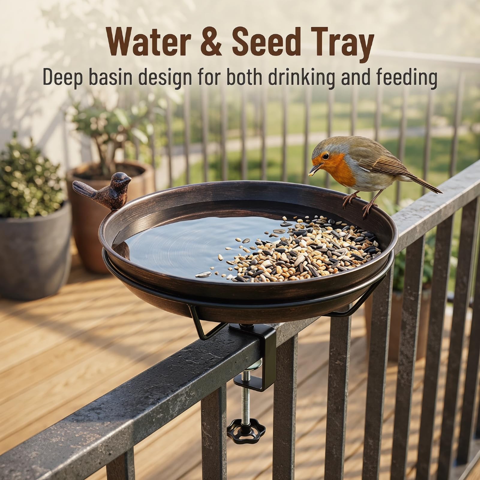 Bain Oiseaux Exterieur – Rond, en Fer avec revêtement Anti-Rouille, Support réglable sans perçage, Convient pour Balcon, Jardin et terrasse, Ø 30,5 cm, Profondeur 5 cm (Marron foncé)