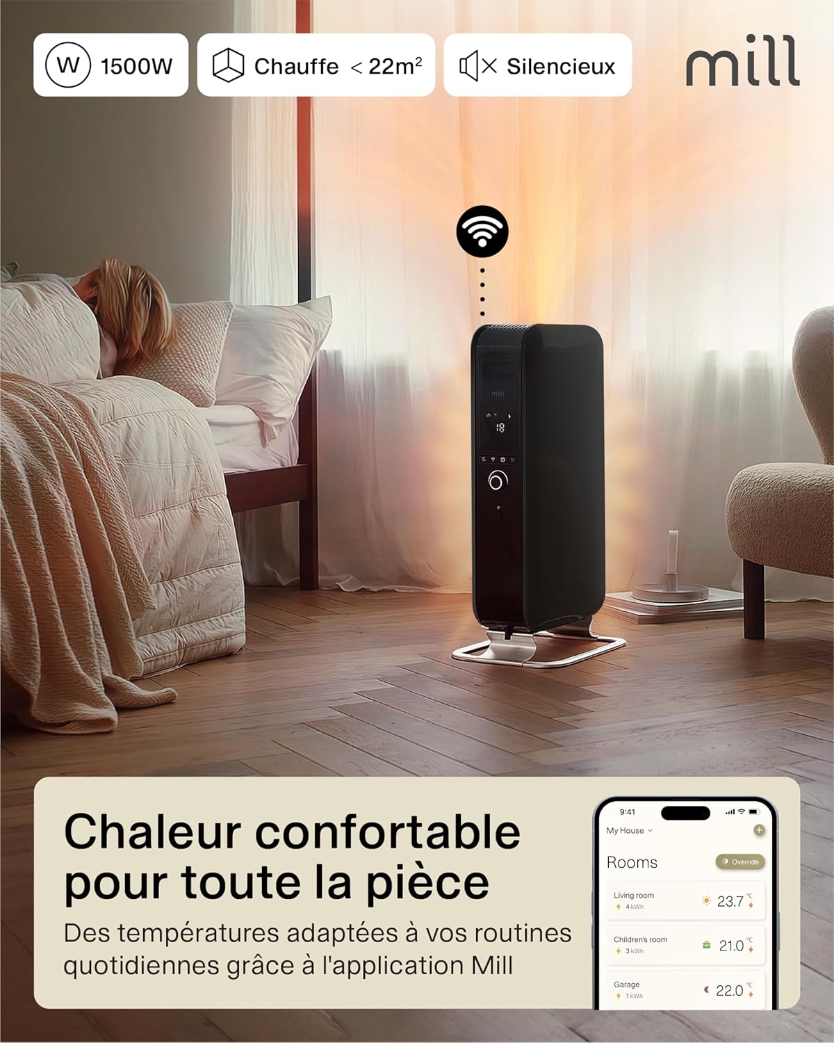 Mill Gentle Air WiFi Oil-Filled Heater 1500W in a bedroom, showing a WiFi signal icon and a smartphone displaying the Mill app with room temperature settings.