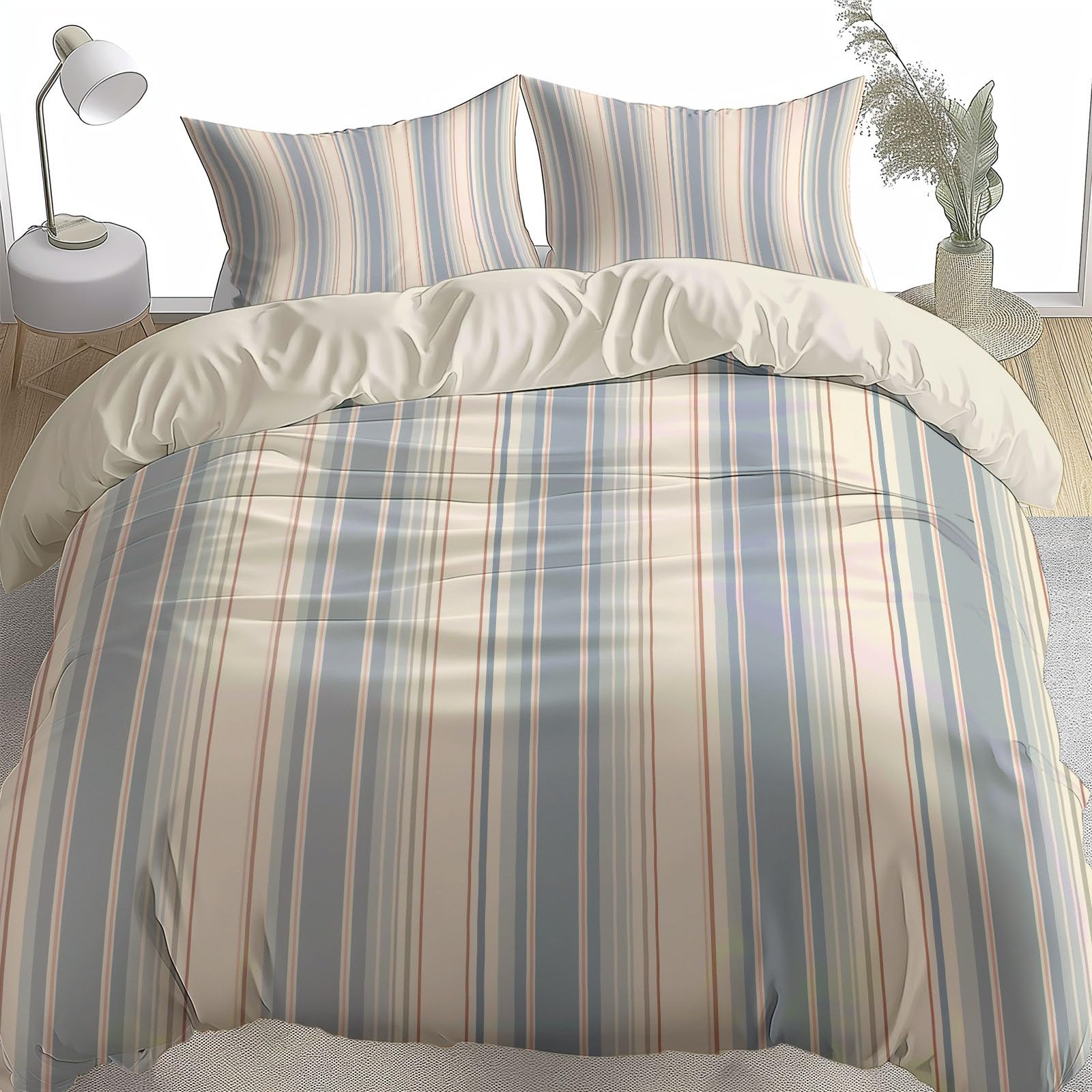Poszwa na kołdrę 200 x 200 cm z 2 poszewkami na poduszki - niebiesko-białe linie dwustronny, komplet pościeli dla dorosłych, 100% mikrofibra, komplet 2-osobowy z zamkiem błyskawicznym, szary