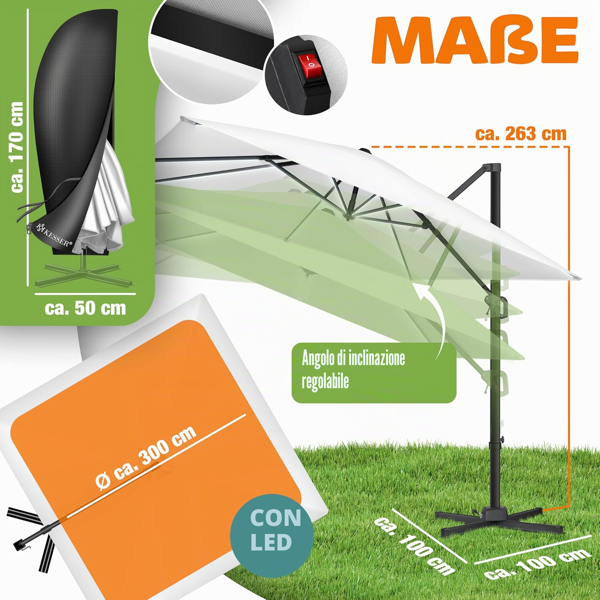 KESSER® Ombrellone Parasole SUN 300 x 300 cm Incl. Copertura + protezione antivento, girevole, inclinabile, rotazione a 360°, ombrellone da giardino,