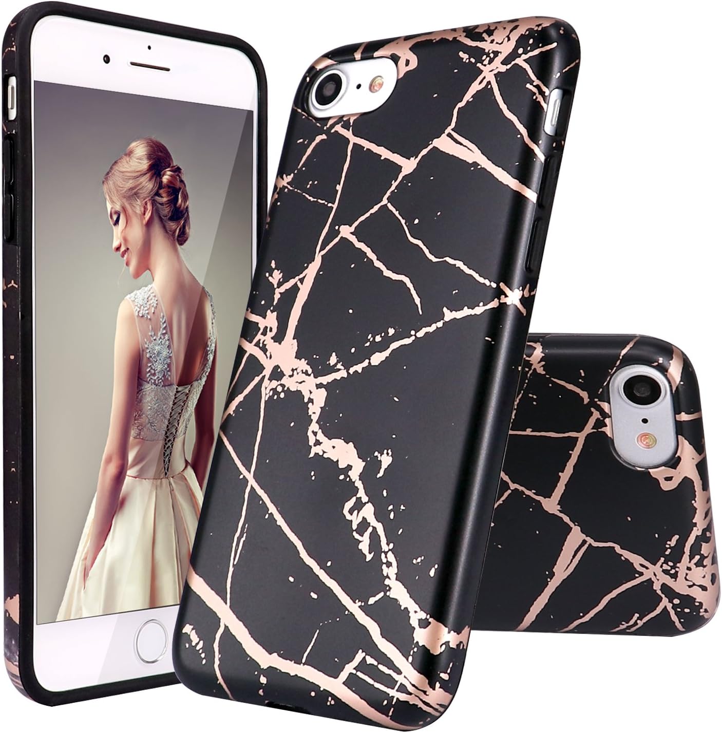 iPhone 7 Case,iPhone 8 Case,DOUJIAZ Black Rose Gold Marble Design Clear Bumper TPU Soft Case Rubber Silicone Skin Cover for iPhone 7(2016)/iPhone 8(2017)
