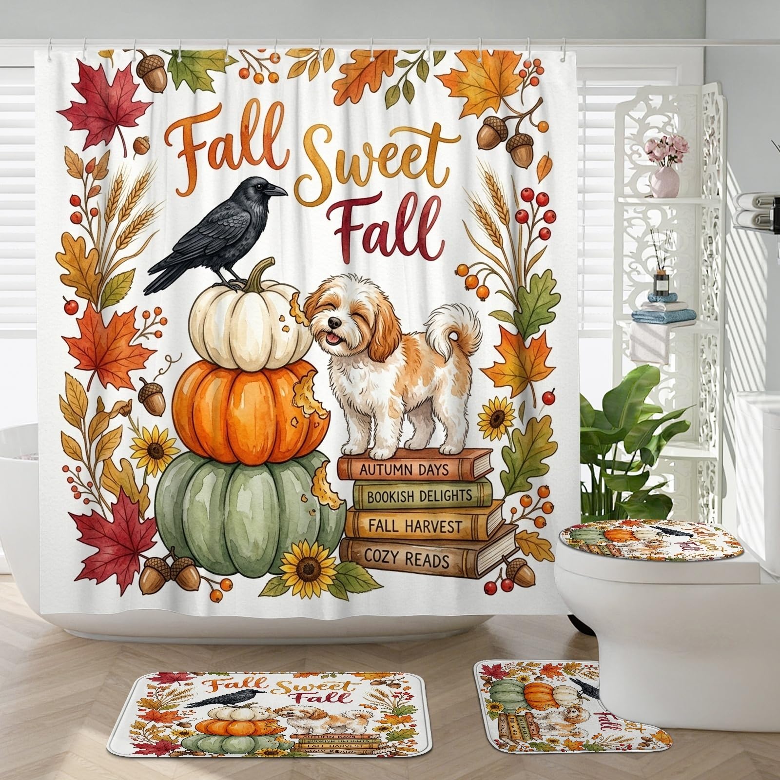 Ensemble rideau de douche motif chien automne pour sublimer votre bain