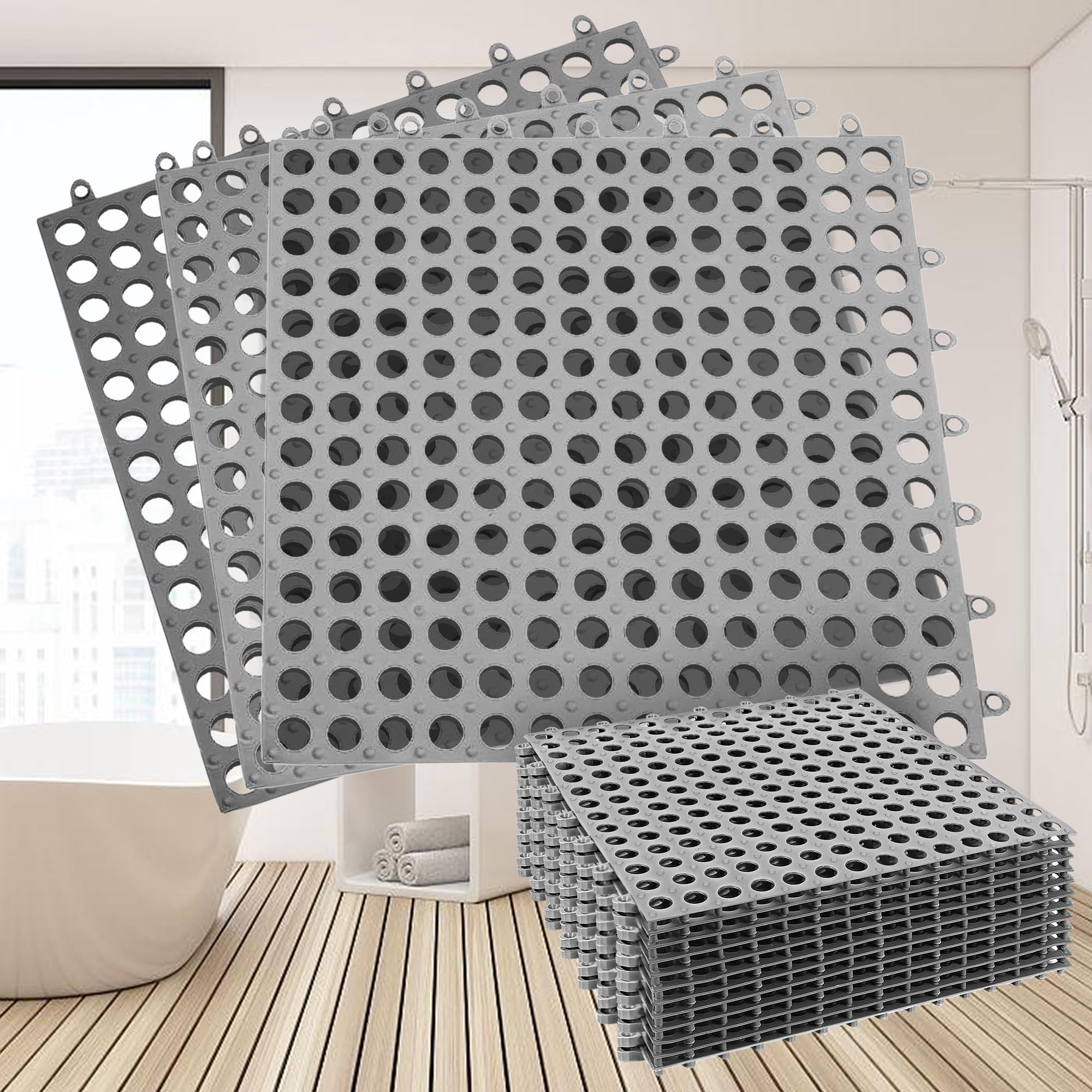 12Pack 12" x 12", Interlocking Rubber Floor Tiles Soft PVC Non-Slip Tile Splicing Shower Mat Outdoor Cushion Mat for Bathroom, Deck, Drain, Pool, Patio, Balcony, Kennel Grey