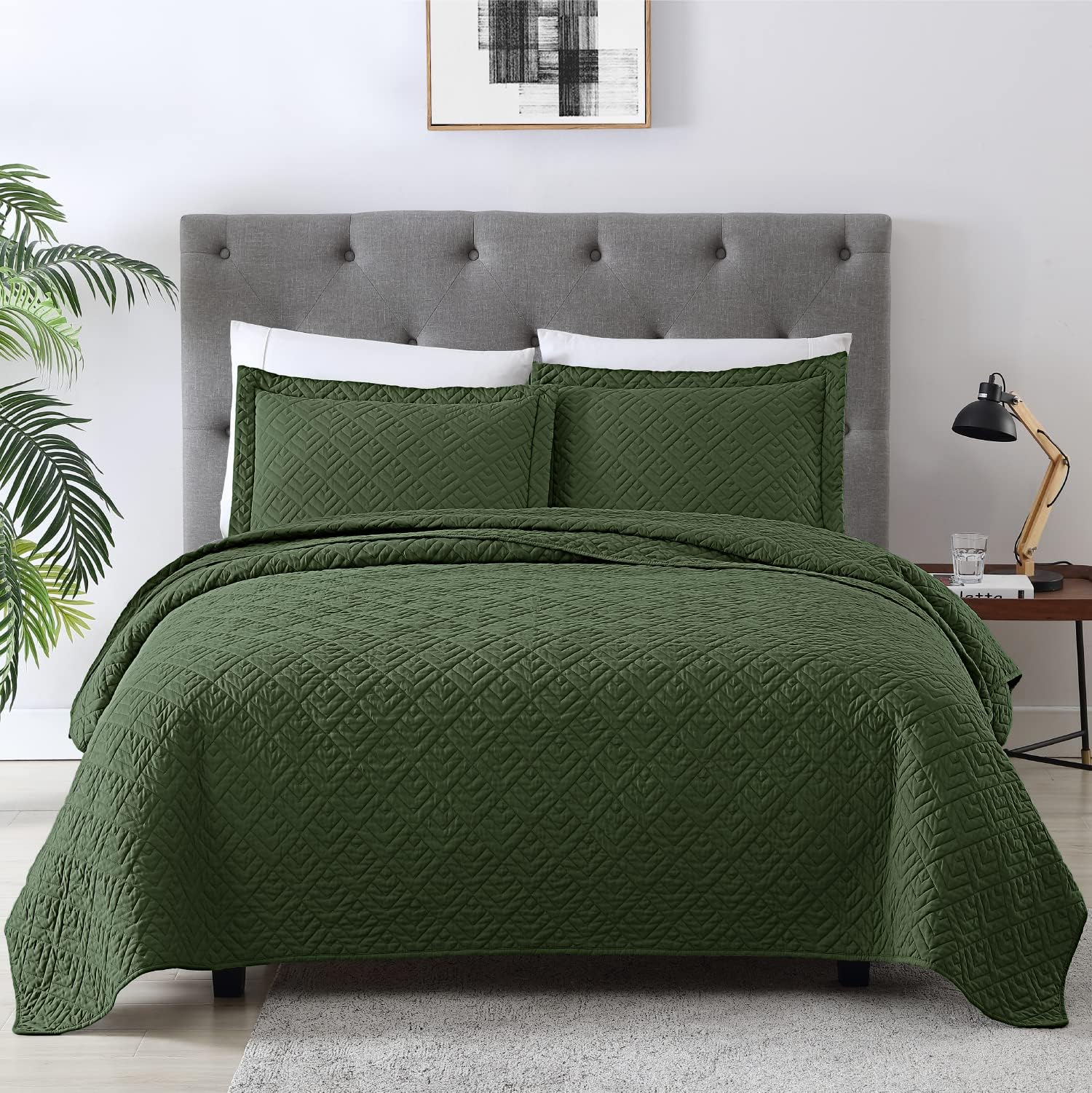 EXQ Home Quilt Set Twin Size Olive Green 2 Piece,Lightweight Soft Coverlet Modern Style Squares Pattern Bedspread Set(1 Quilt,1 Pillow Sham)