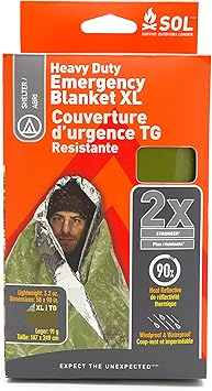 S.O.L. Survive Outdoors Longer 90% Heat Reflective Heavy-Duty Emergency Blanket - Thick, Rugged for Disaster Preparedness Kit - Waterproof, Windproof, Tear-Resistant - 58" x 98", 3.2 oz, Gre...