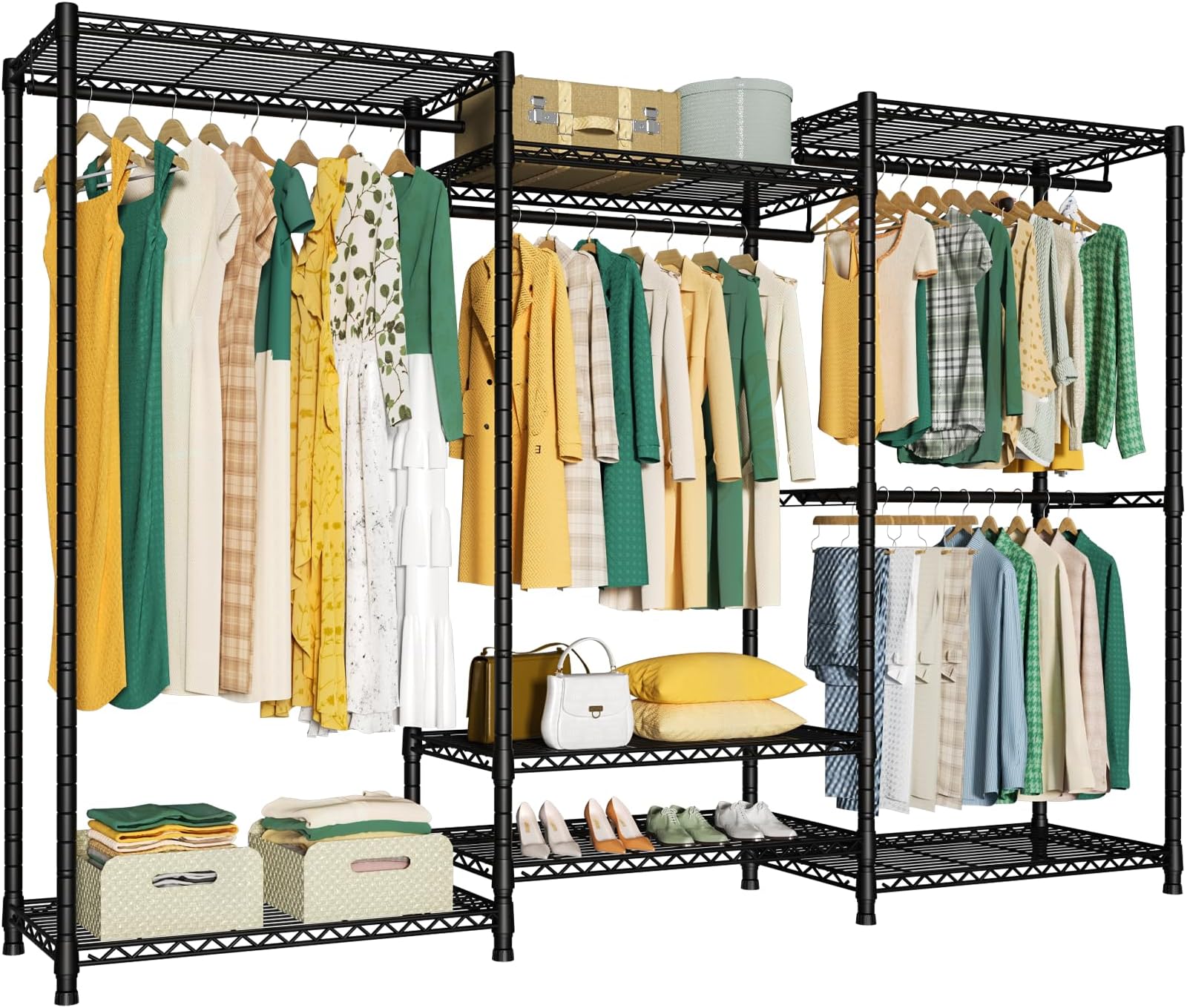 Ulif E8 Heavy-Duty Garment Rack, Freestanding Extra Large Clothes Rack with 7 Wire Shelves and 4 Hanger Rods, Closet Organizers and Storage System, 86.6"W x 14.5"D x 71.2"H, Max Load 976 LBS, Black