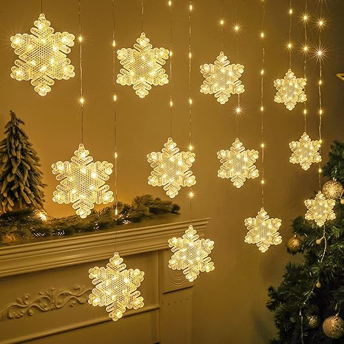 Miniatura 6 de BLOOMWIN Luces de ventana de decoración de Navidad de 10 pies, 12 copos de nieve, luces de carámbano, luces USB de cortina de Navidad para