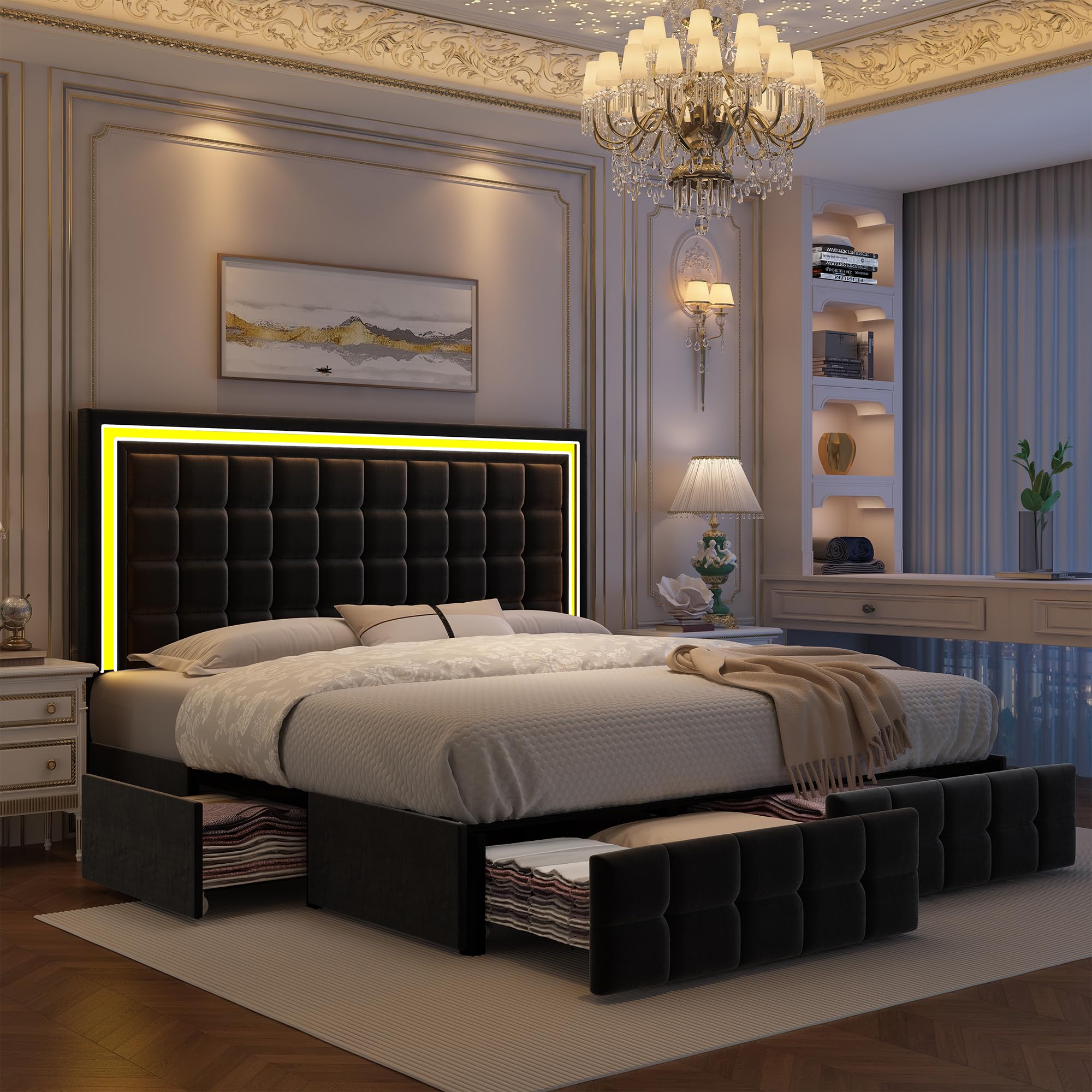 King Upholstered LED Bed Frame with 4 Drawers, Adjustable Upholstered Headboard Platform Bed with Wooden Slats Support, No Box Spring Needed, Velvet Black