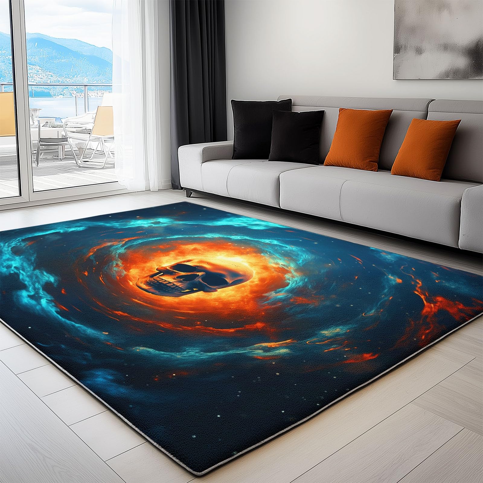Tapis salon lavable en machine espace crânes poils courts