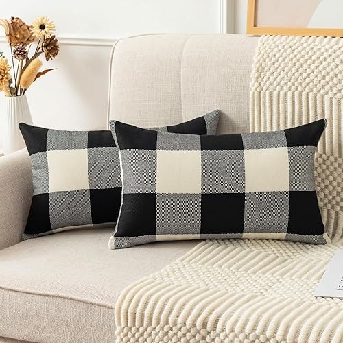 Miniatura 2 de UGASA - Juego de 2 fundas de almohada clásicas a cuadros de lino a cuadros retro, fundas de cojín decorativas para sofá, cama, vacaciones, 12 x 20