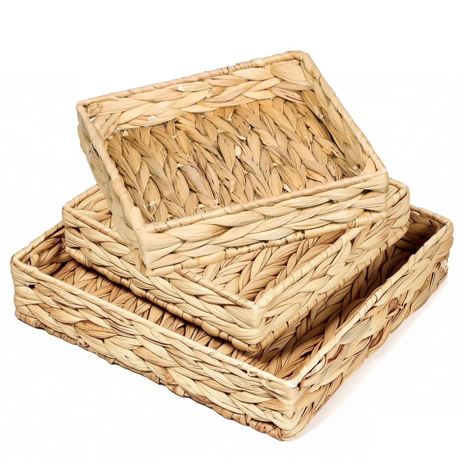 3 Pack Wicker Storage Basket, Woven Rattan Bathroom Storage Basket Gift Hamper Baskets Water Hyacinth Tray for Shelves Table Organiser