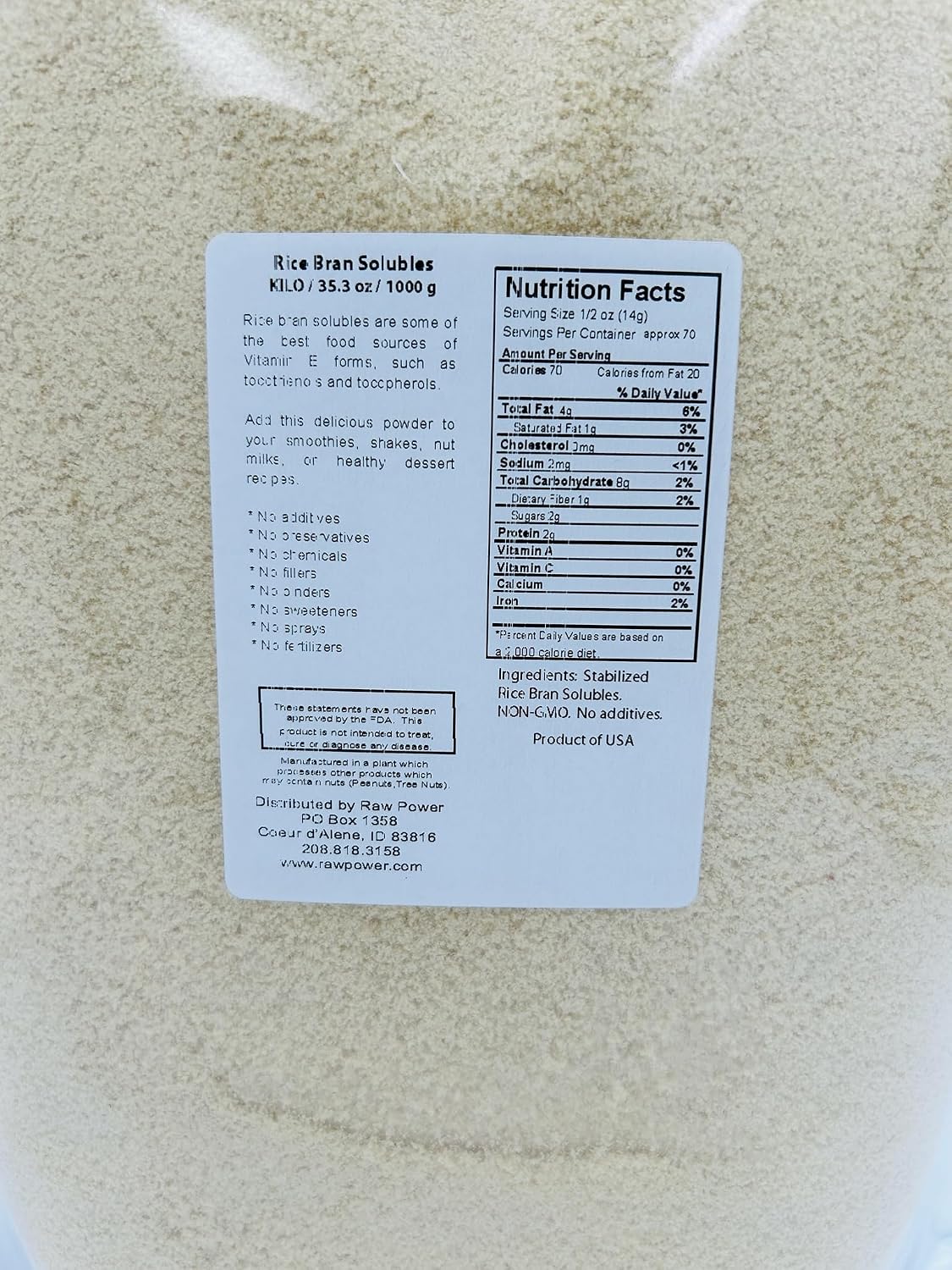 Raw Power Rice Bran Solubles, One Kilo Bag (1000g / 2.2 lbs), Grown in USA, Freshly-Made Monthly.